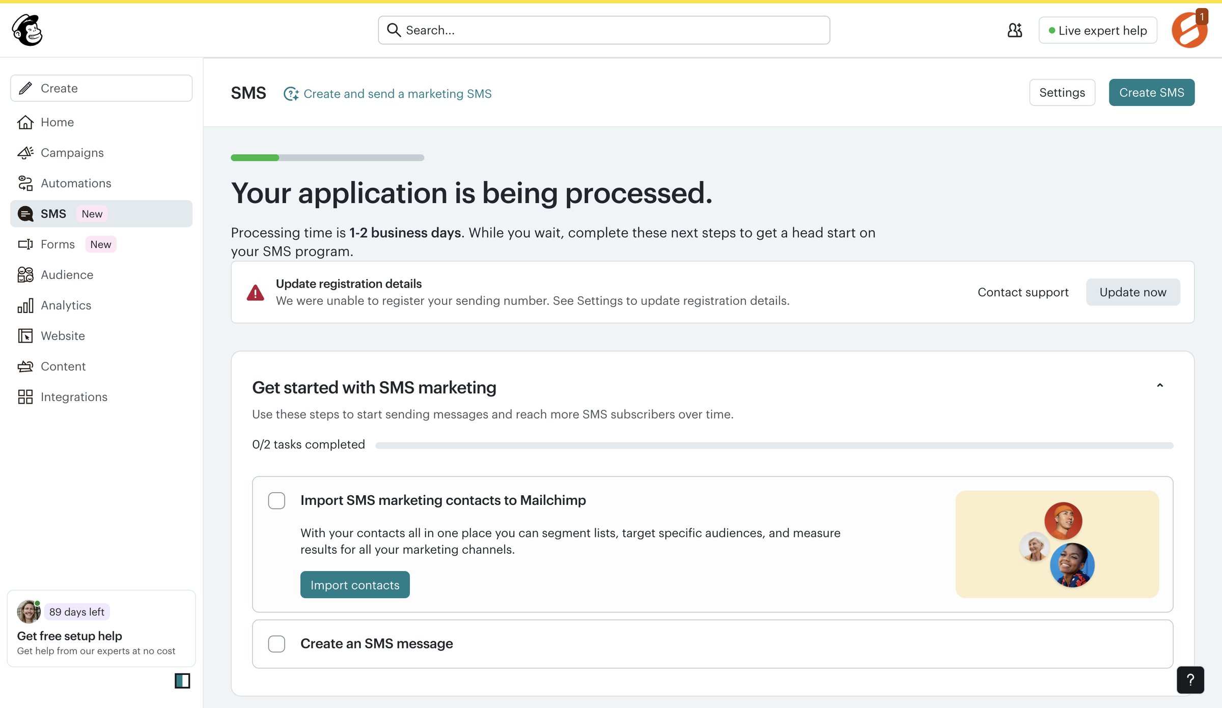 Mailchimp - SMS | Mailchimp screen