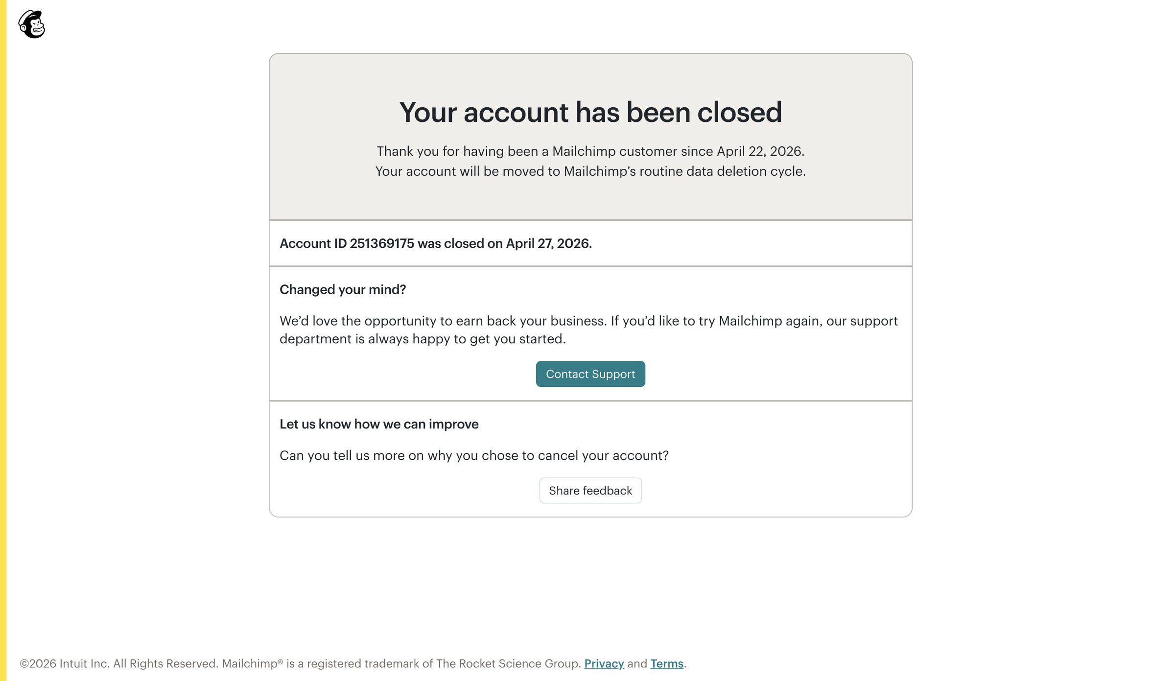 Mailchimp - Close Account Confirmation screen
