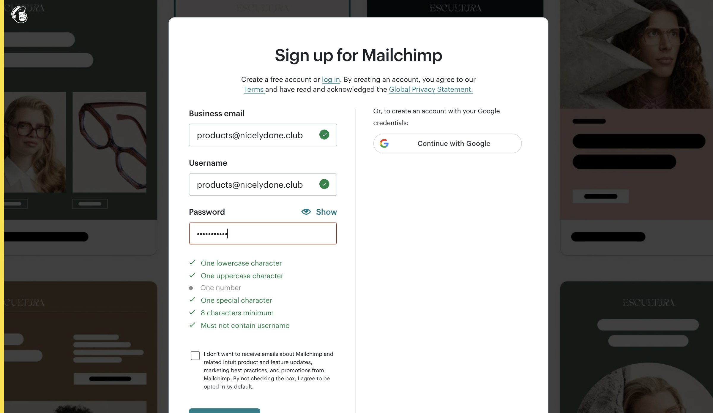 Mailchimp - Sign Up for Mailchimp screen