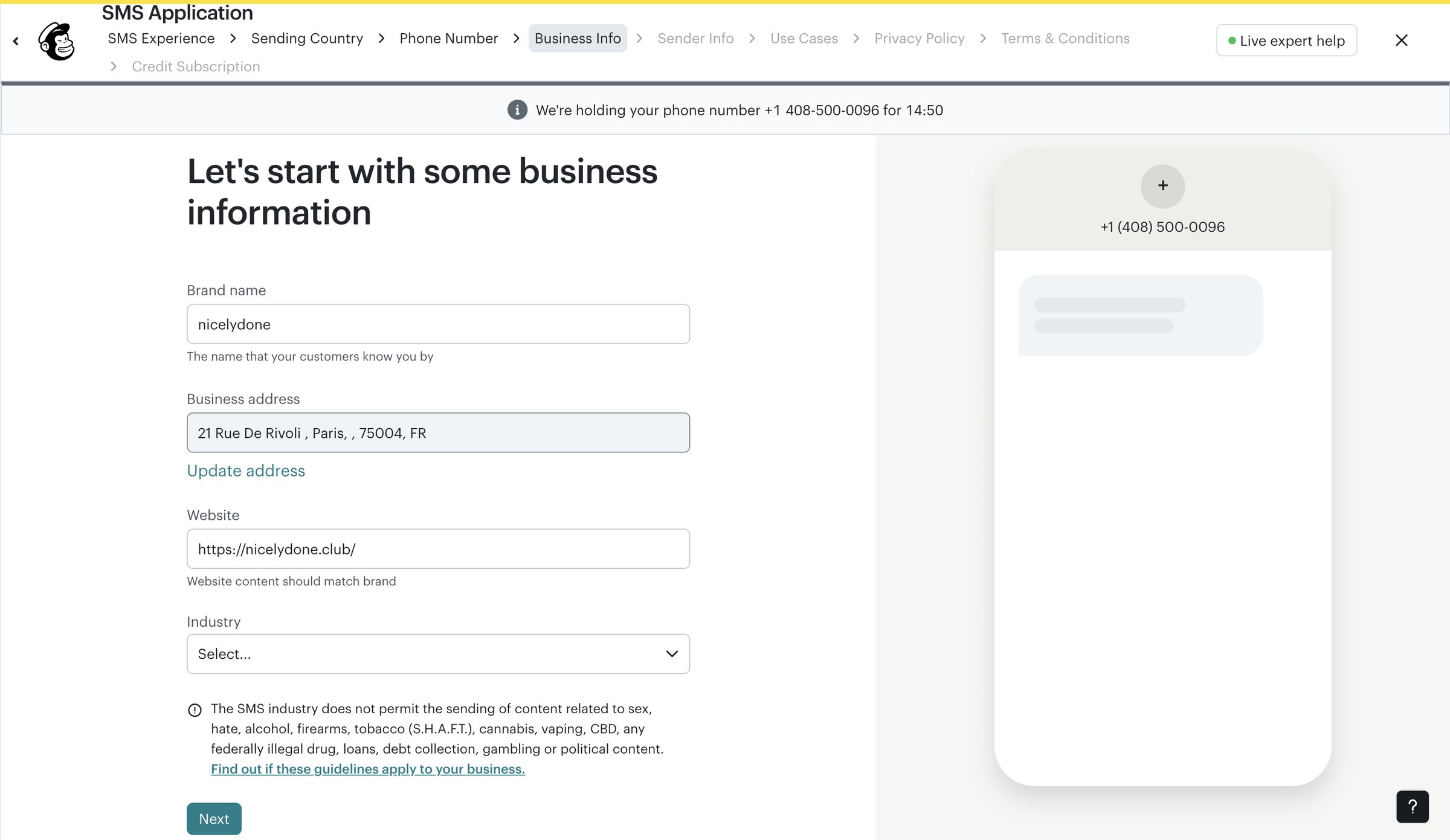 Mailchimp - Let's start with some business information - SMS Channel Setup | Mailchimp screen