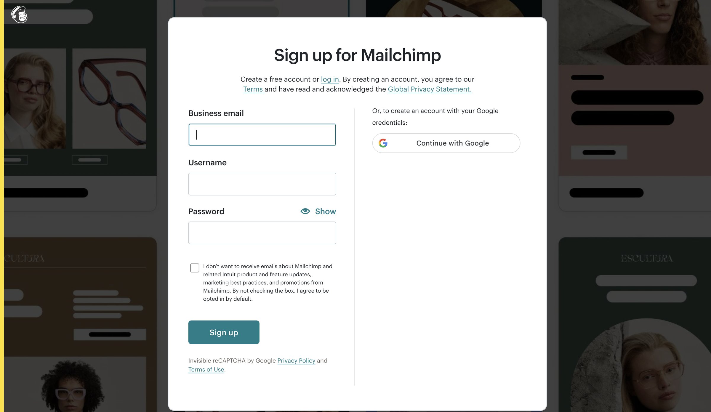 Mailchimp - Sign Up for Mailchimp screen