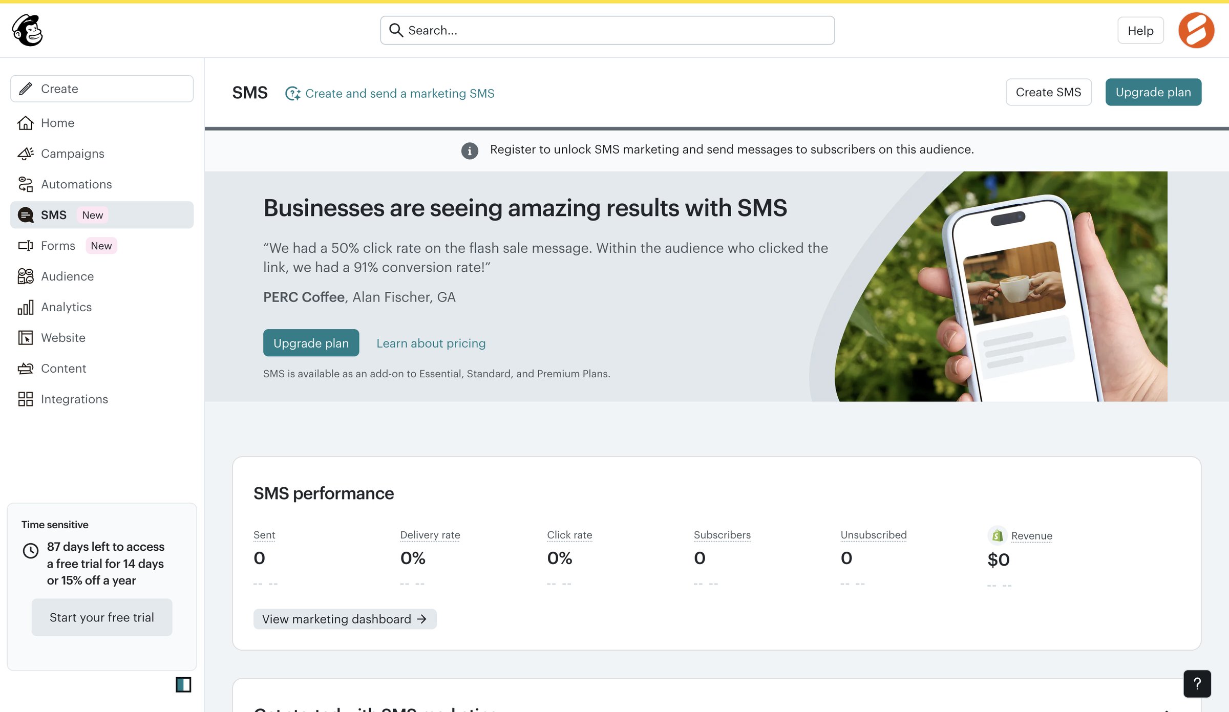 Mailchimp - SMS | Mailchimp screen