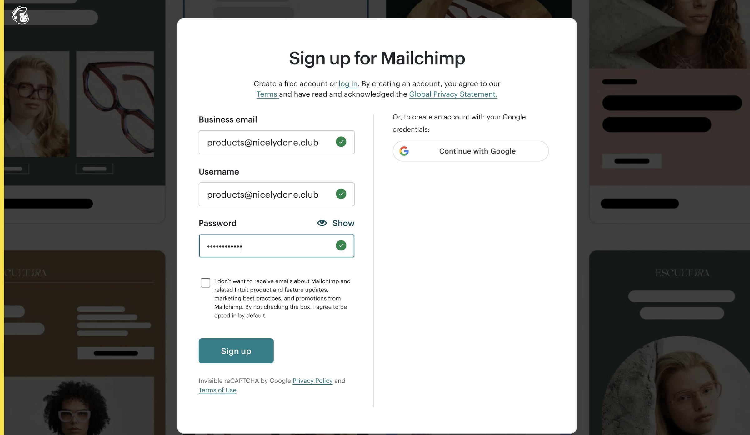 Mailchimp - Sign Up for Mailchimp screen