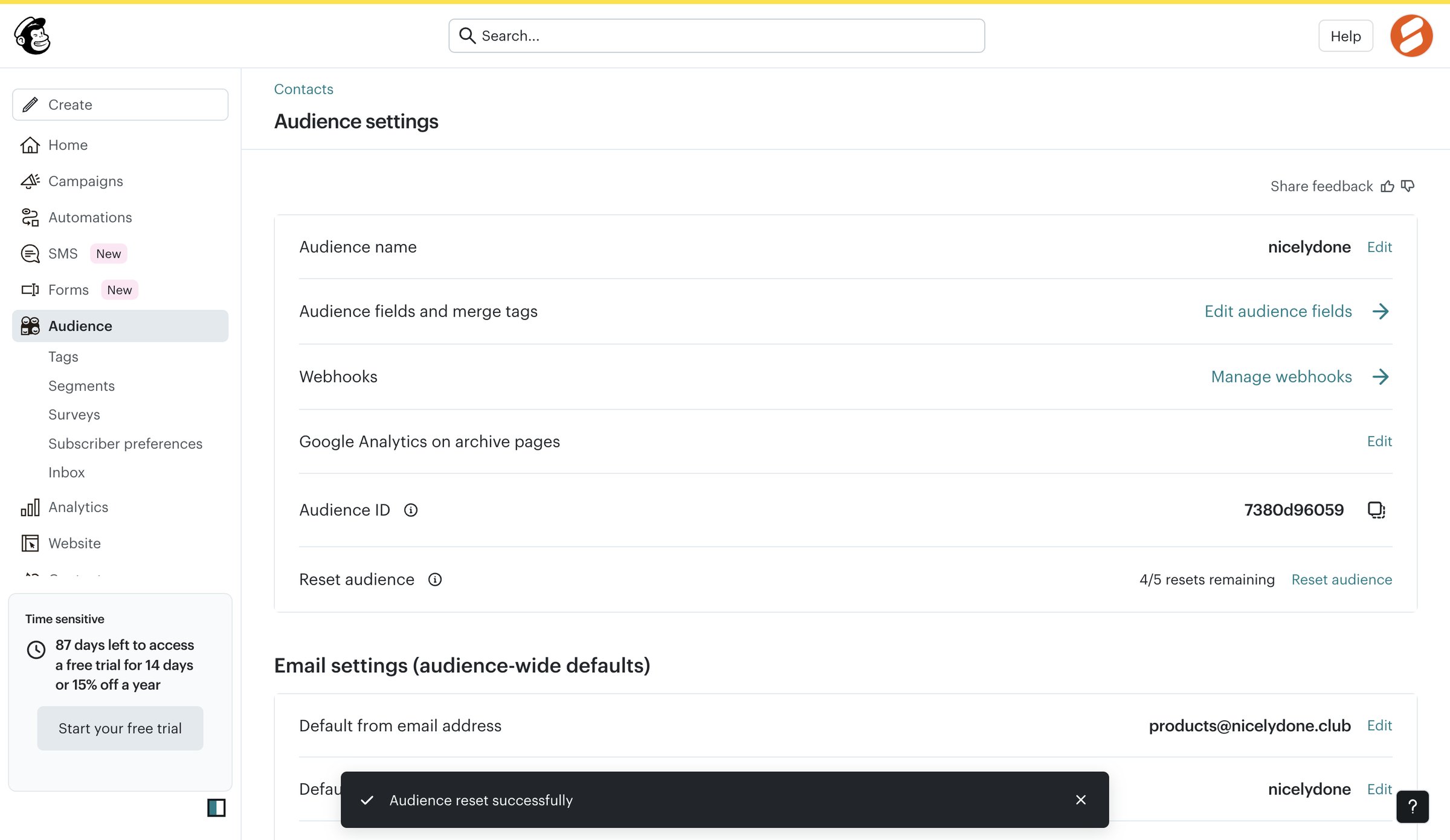 Mailchimp - Audience settings | Mailchimp screen