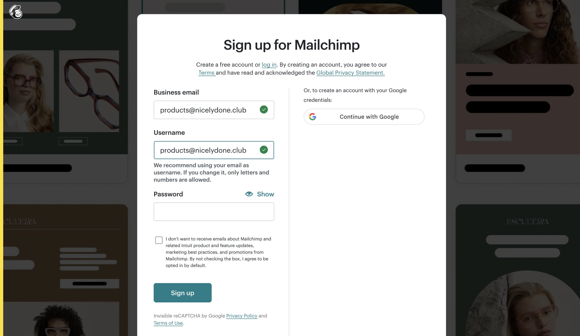 Mailchimp - Sign Up for Mailchimp screen