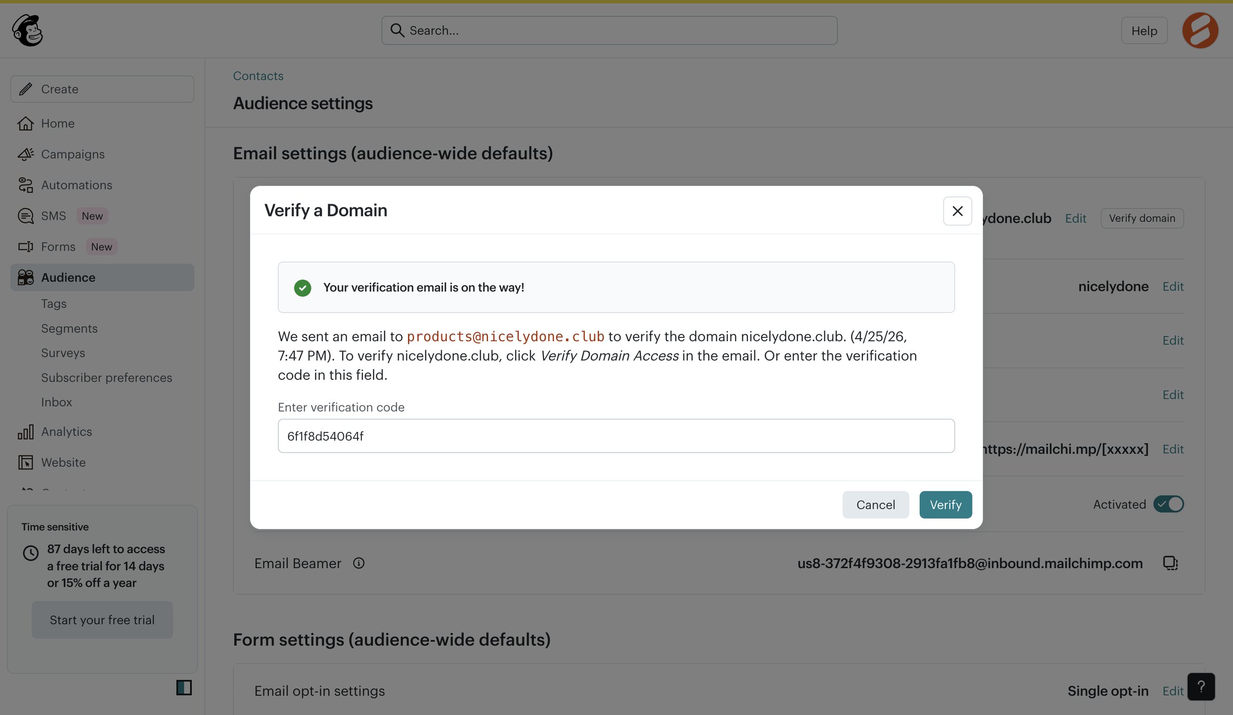 Mailchimp - Audience settings | Mailchimp screen