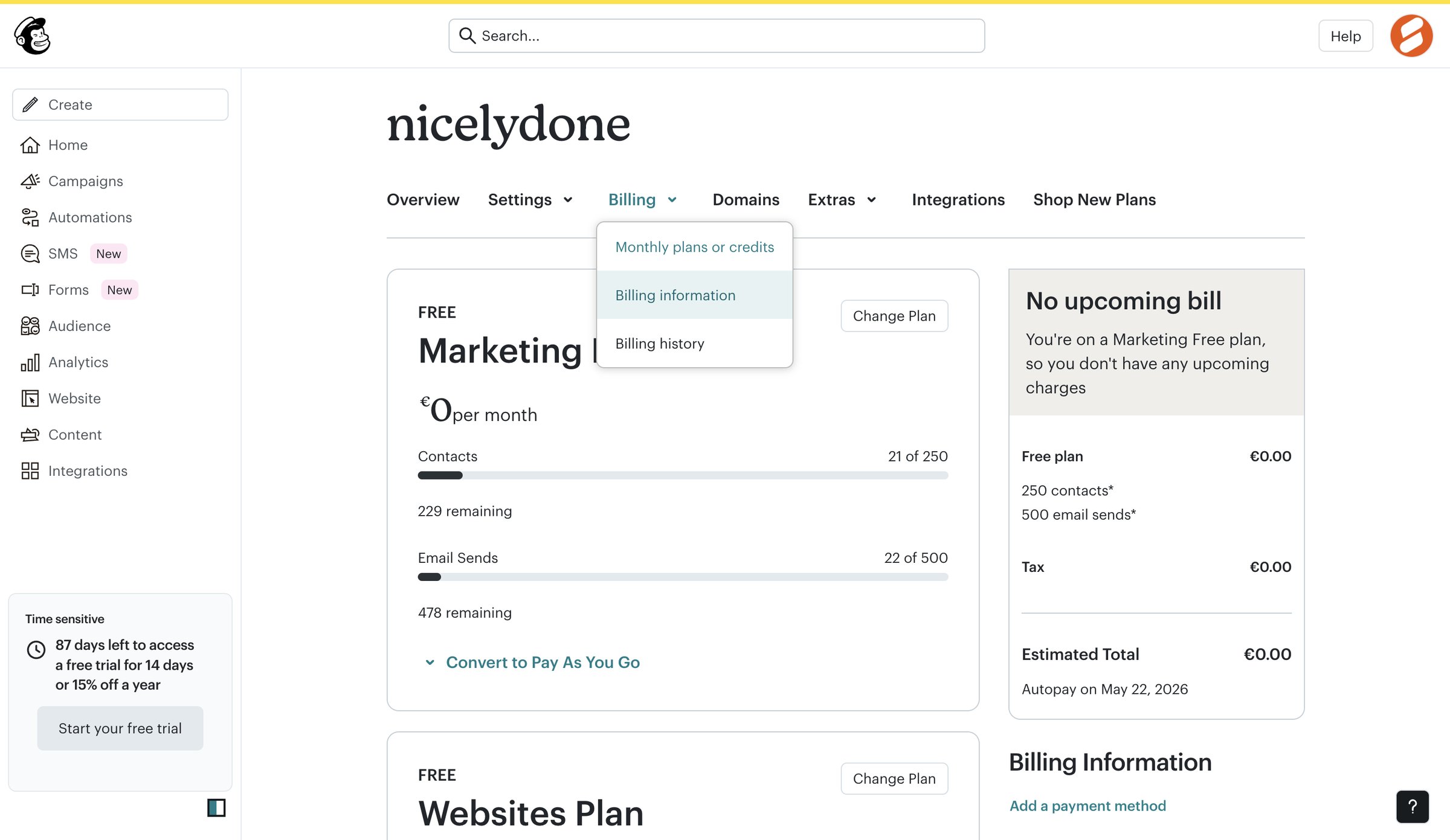 Mailchimp - Billing Plans | Mailchimp screen