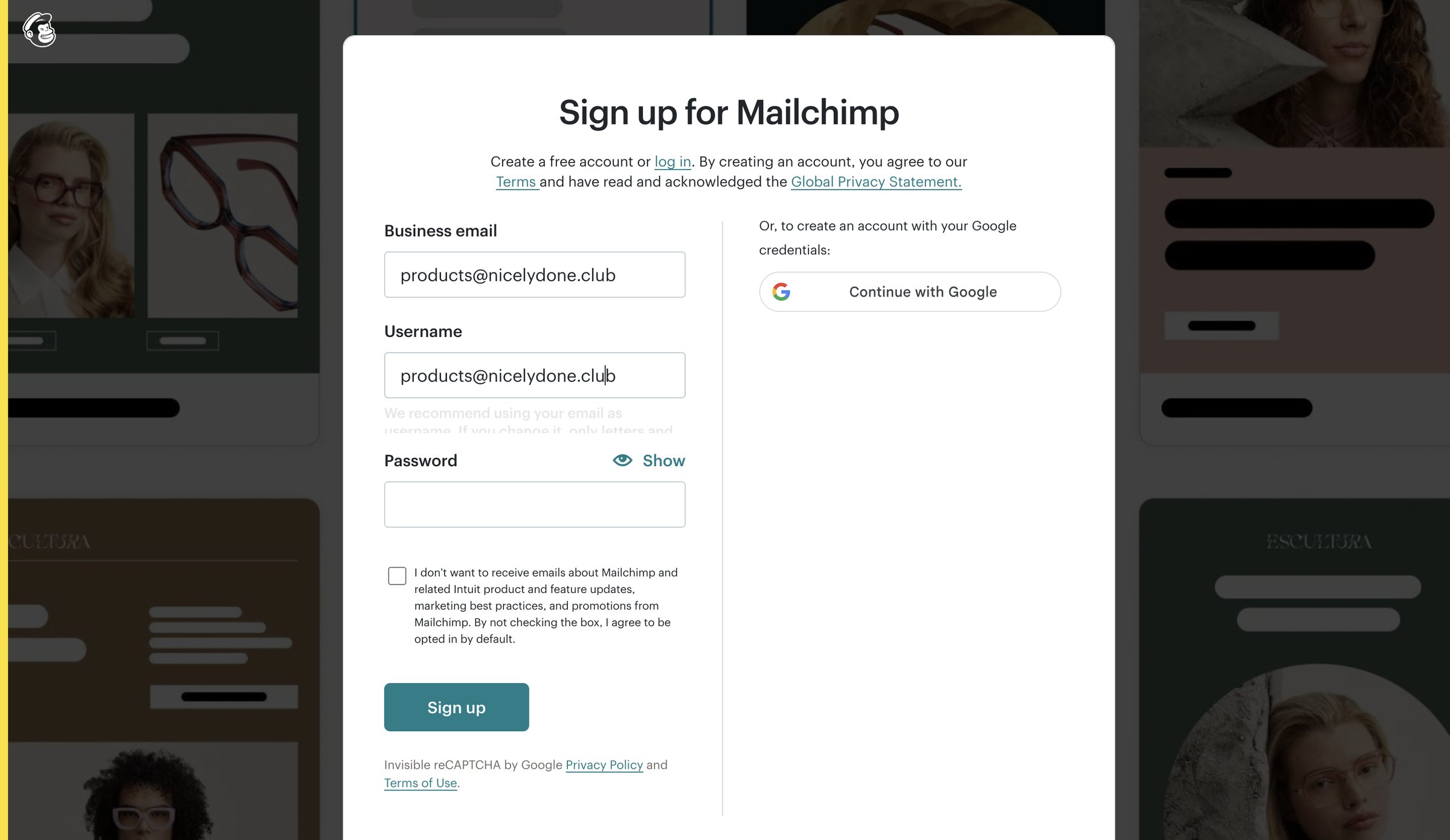 Mailchimp - Sign Up for Mailchimp screen
