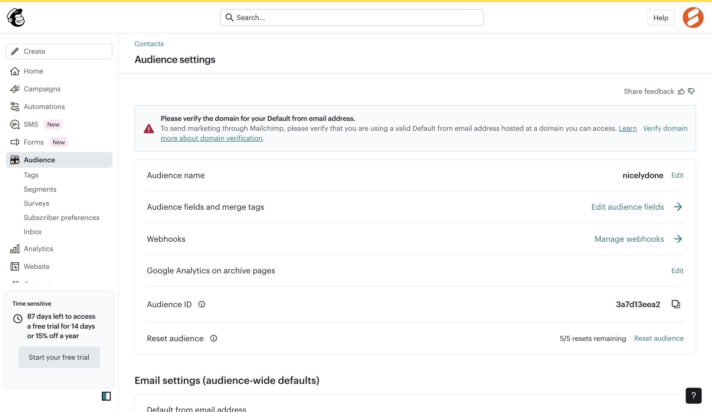 Mailchimp - Audience settings | Mailchimp screen