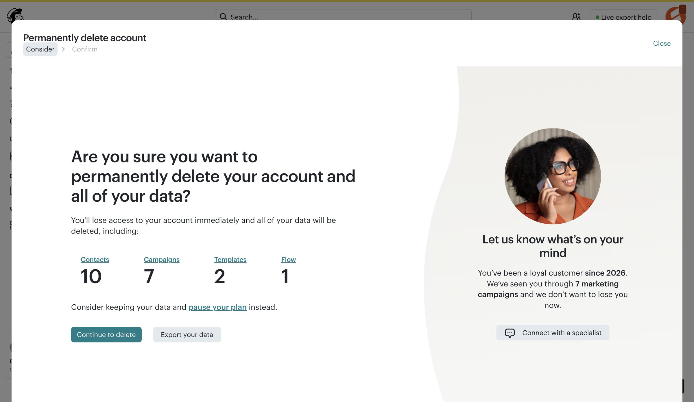 Mailchimp - Account Close | Mailchimp screen