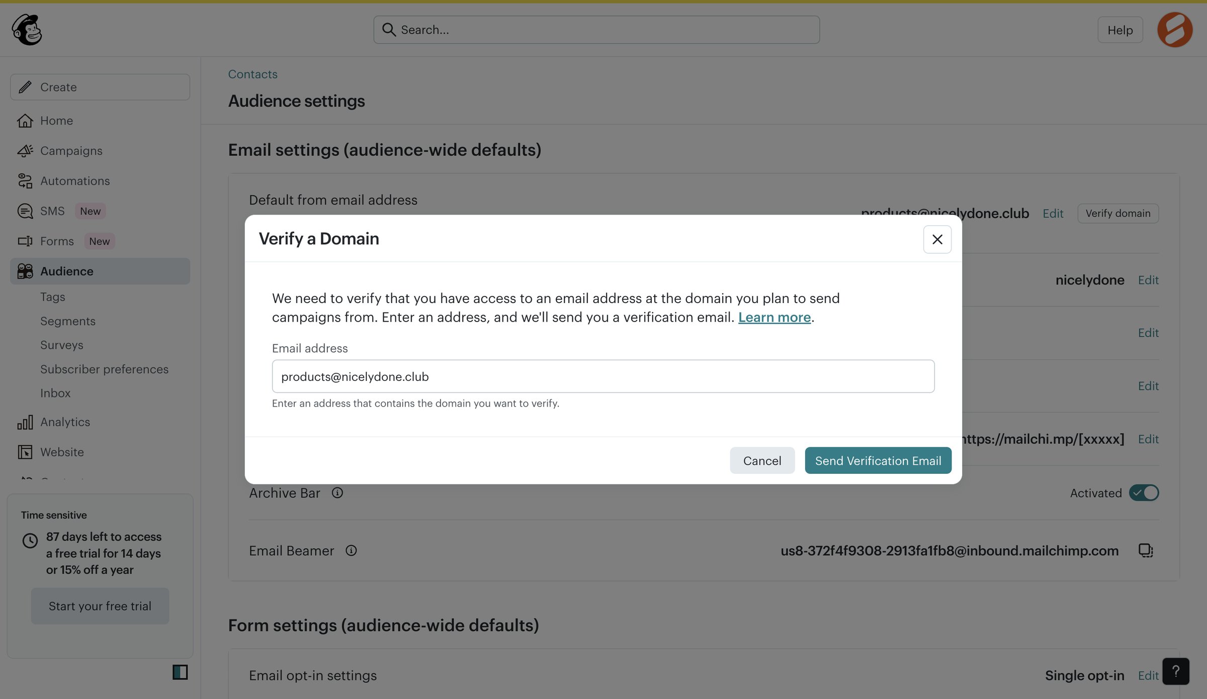 Mailchimp - Audience settings | Mailchimp screen