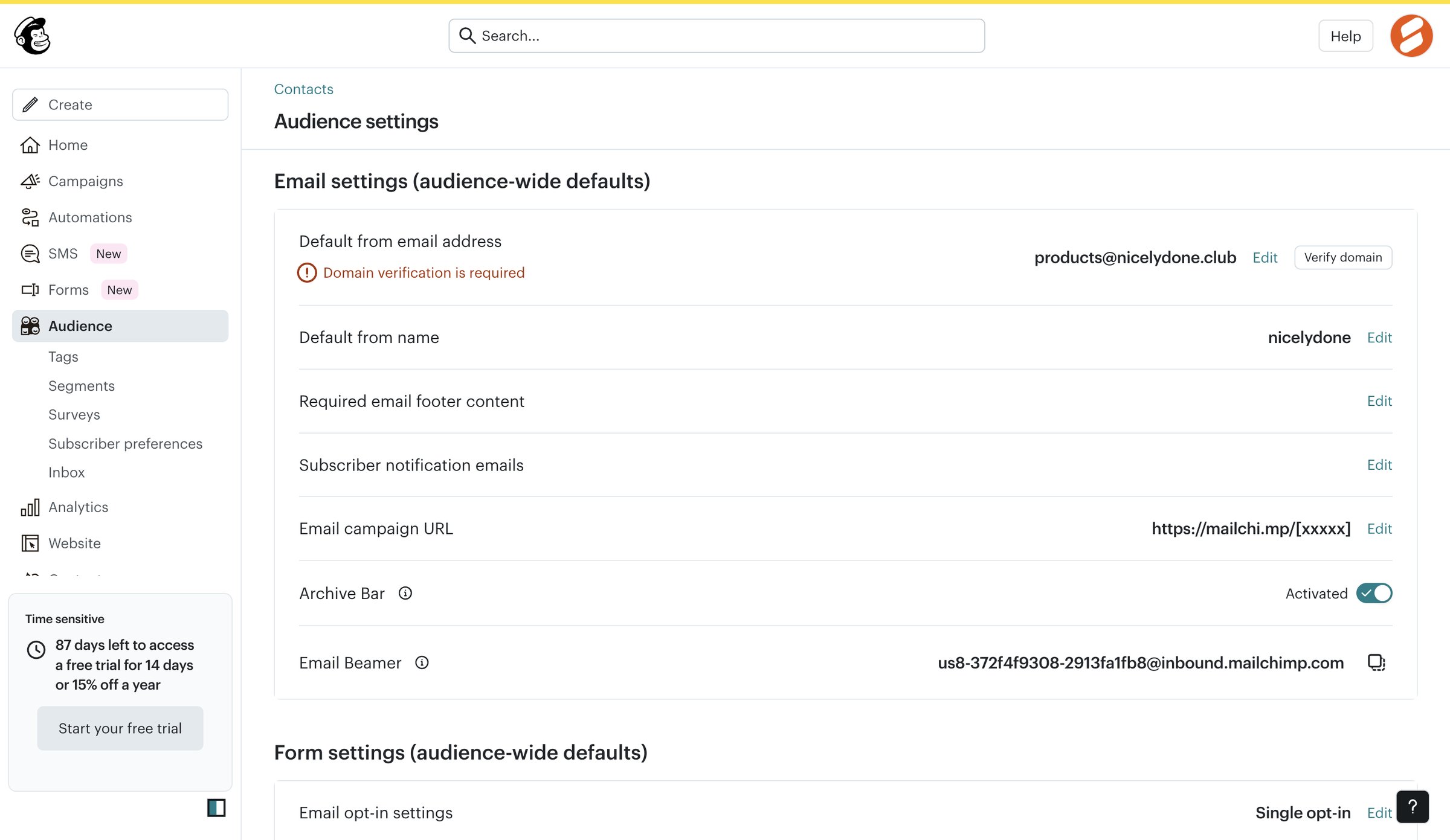 Mailchimp - Audience settings | Mailchimp screen