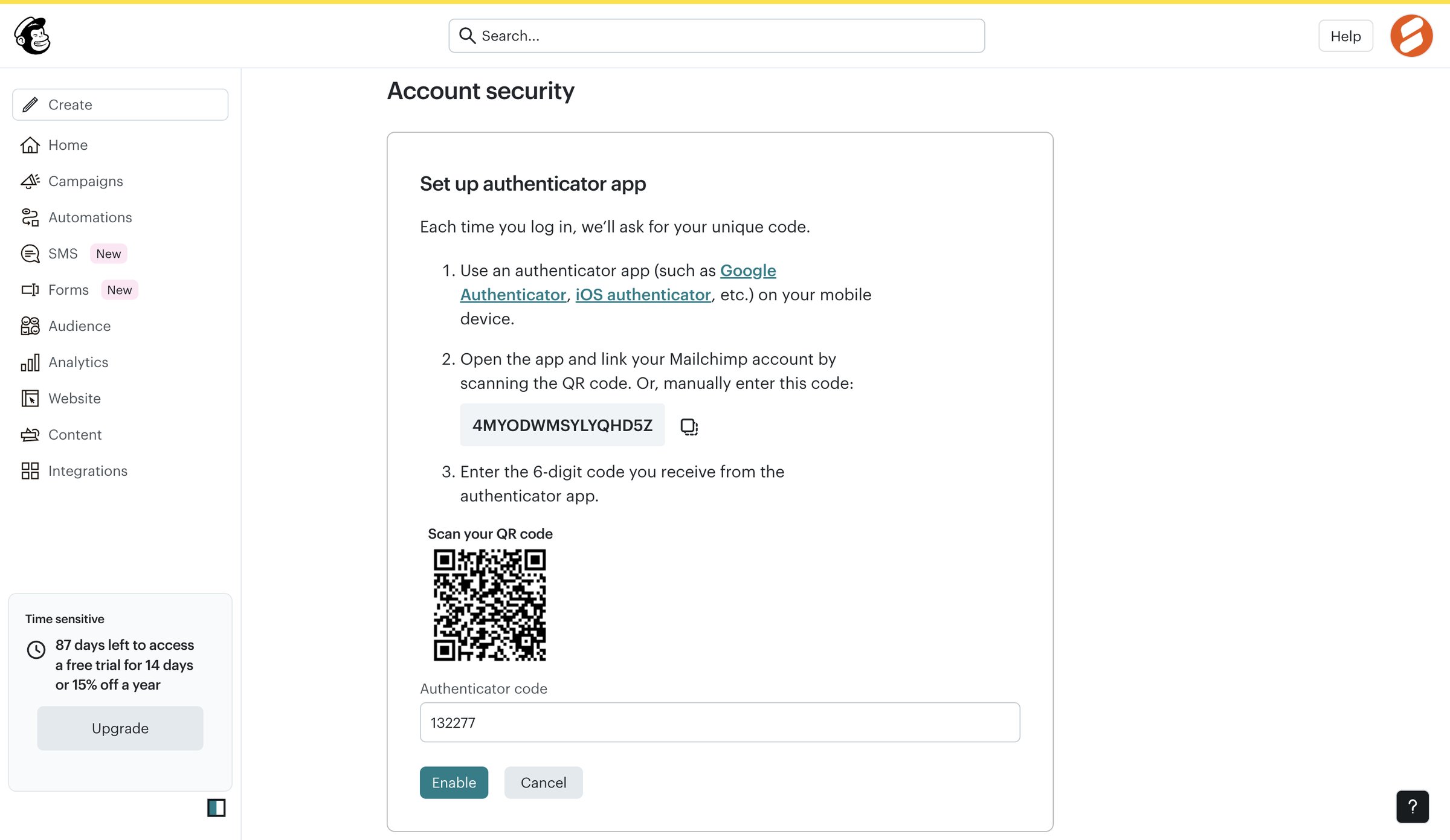 Mailchimp - Account Security | Mailchimp screen
