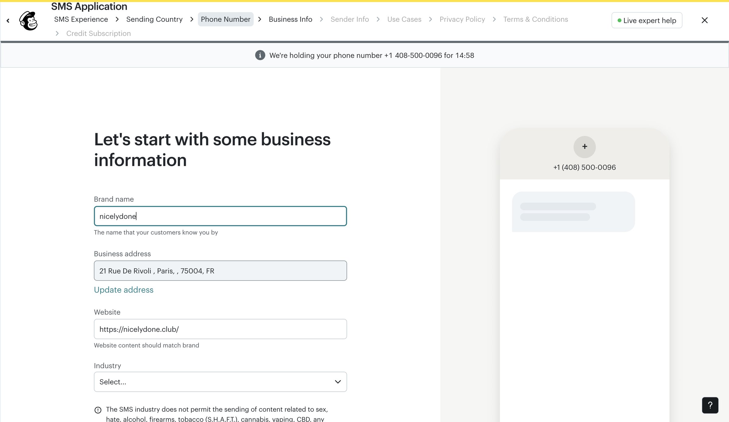 Mailchimp - Here’s your SMS phone number! - SMS Channel Setup | Mailchimp screen