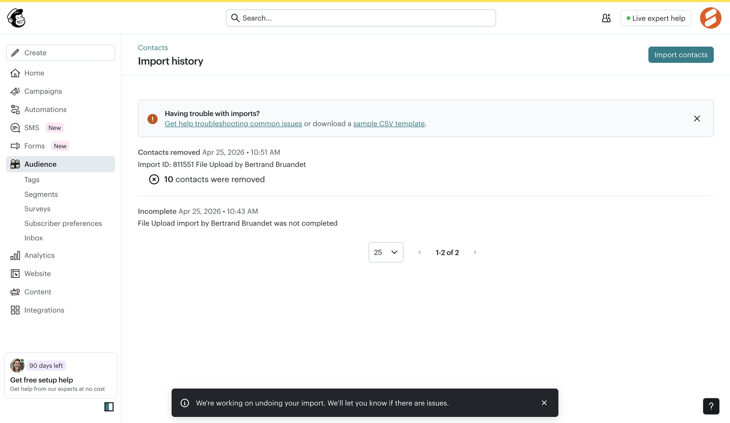 Mailchimp - Import history | Mailchimp screen
