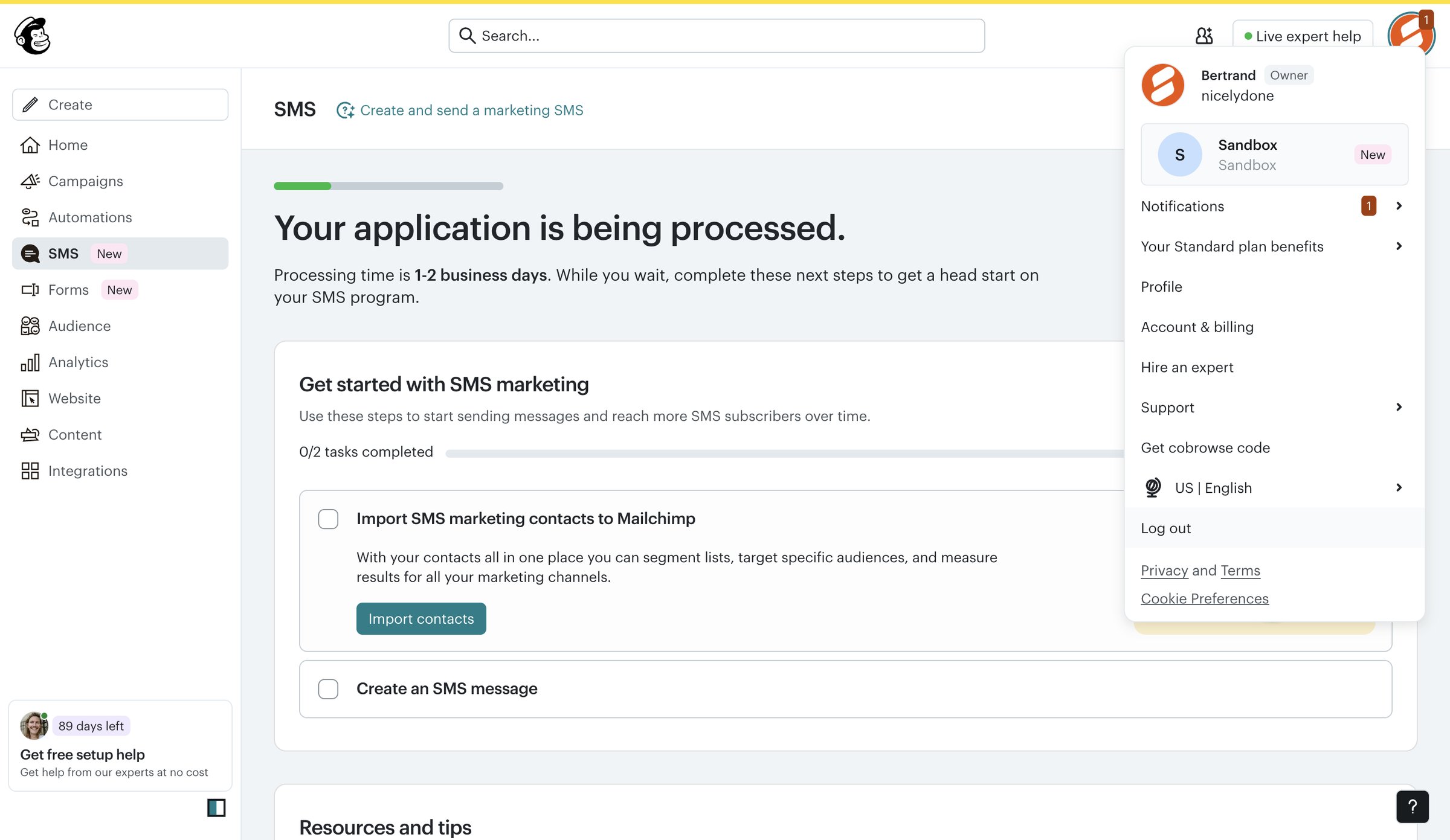 Mailchimp - SMS | Mailchimp screen