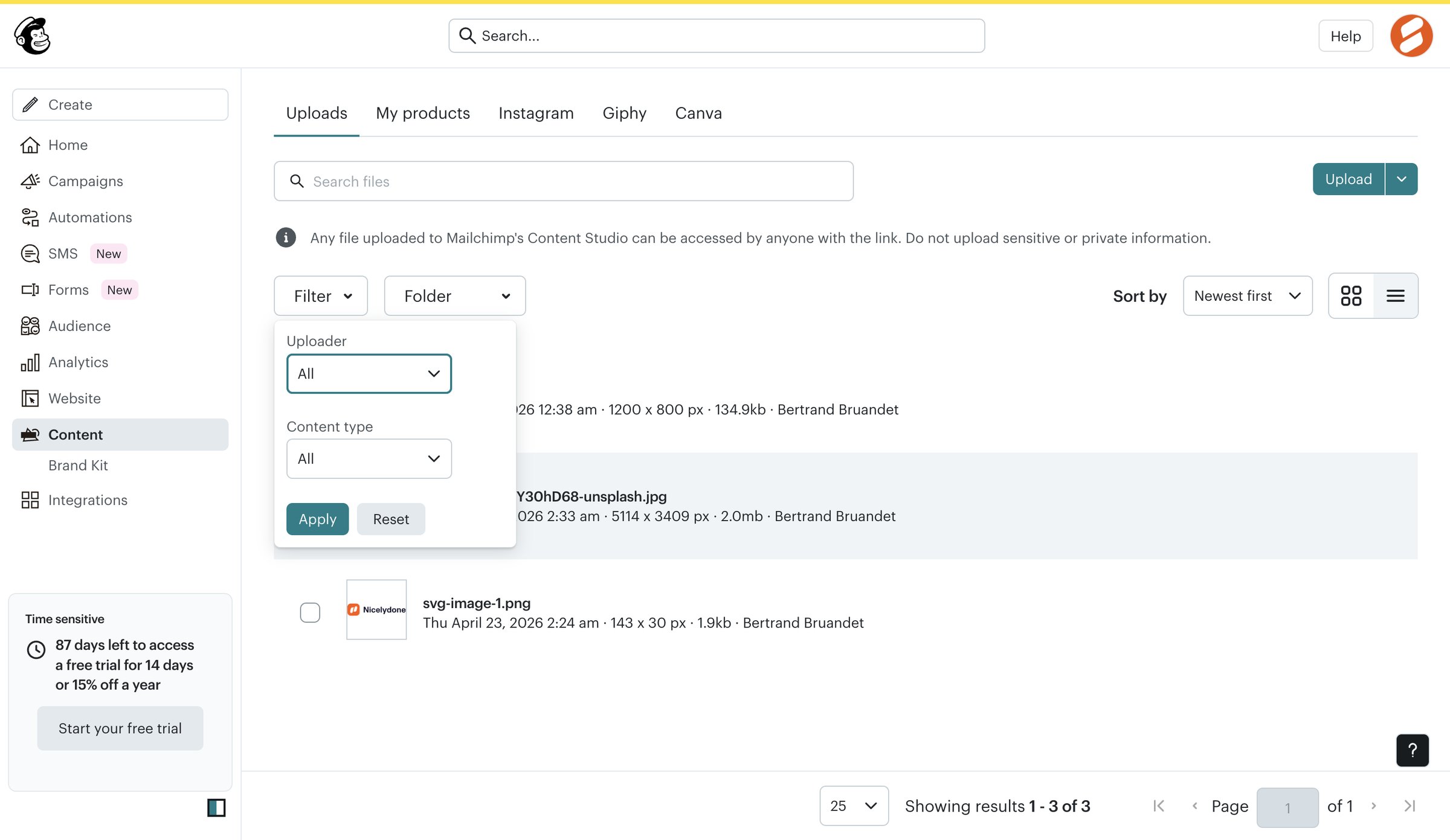 Mailchimp - Content Studio | Mailchimp screen