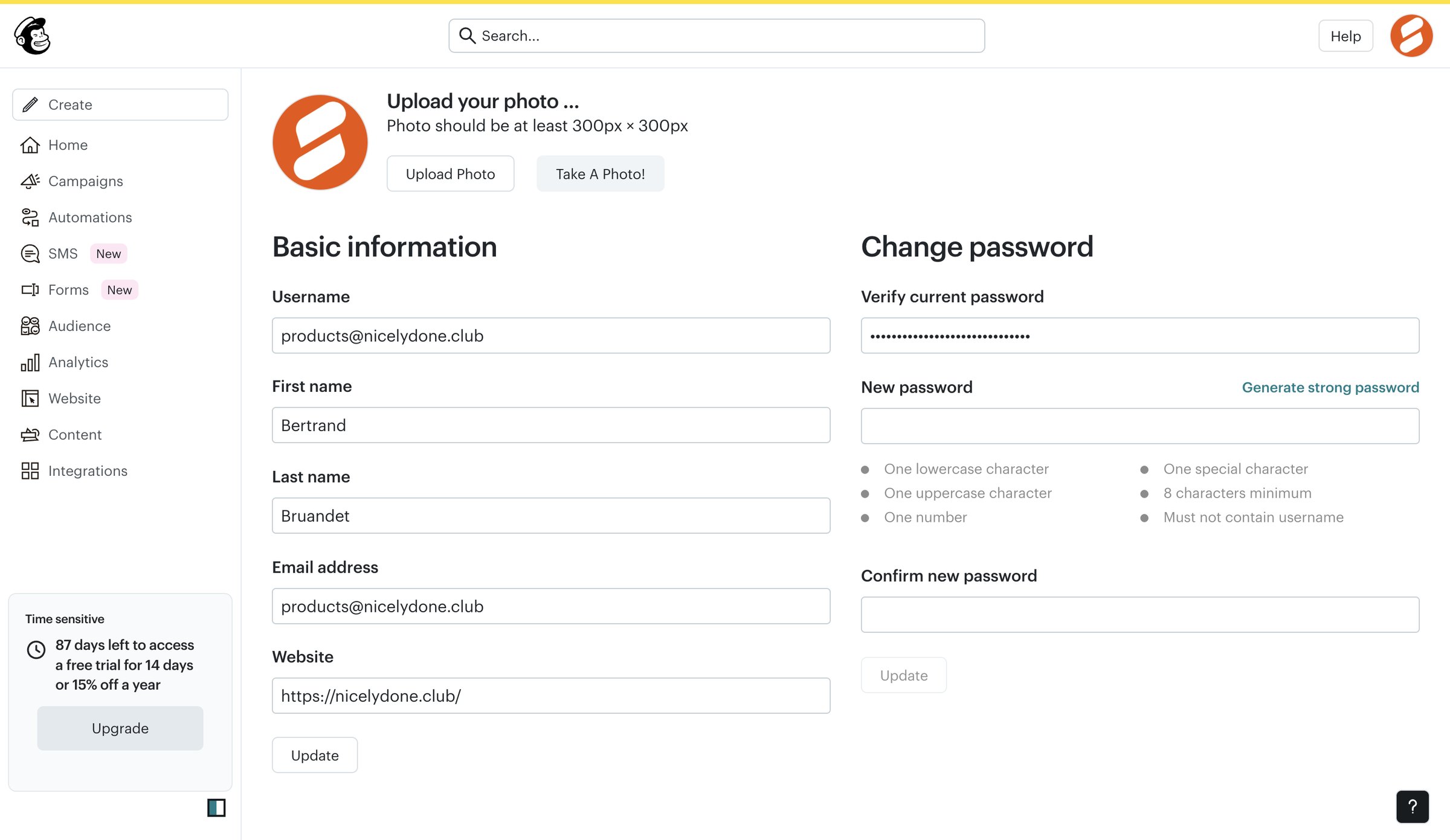 Mailchimp - My Profile | Mailchimp screen