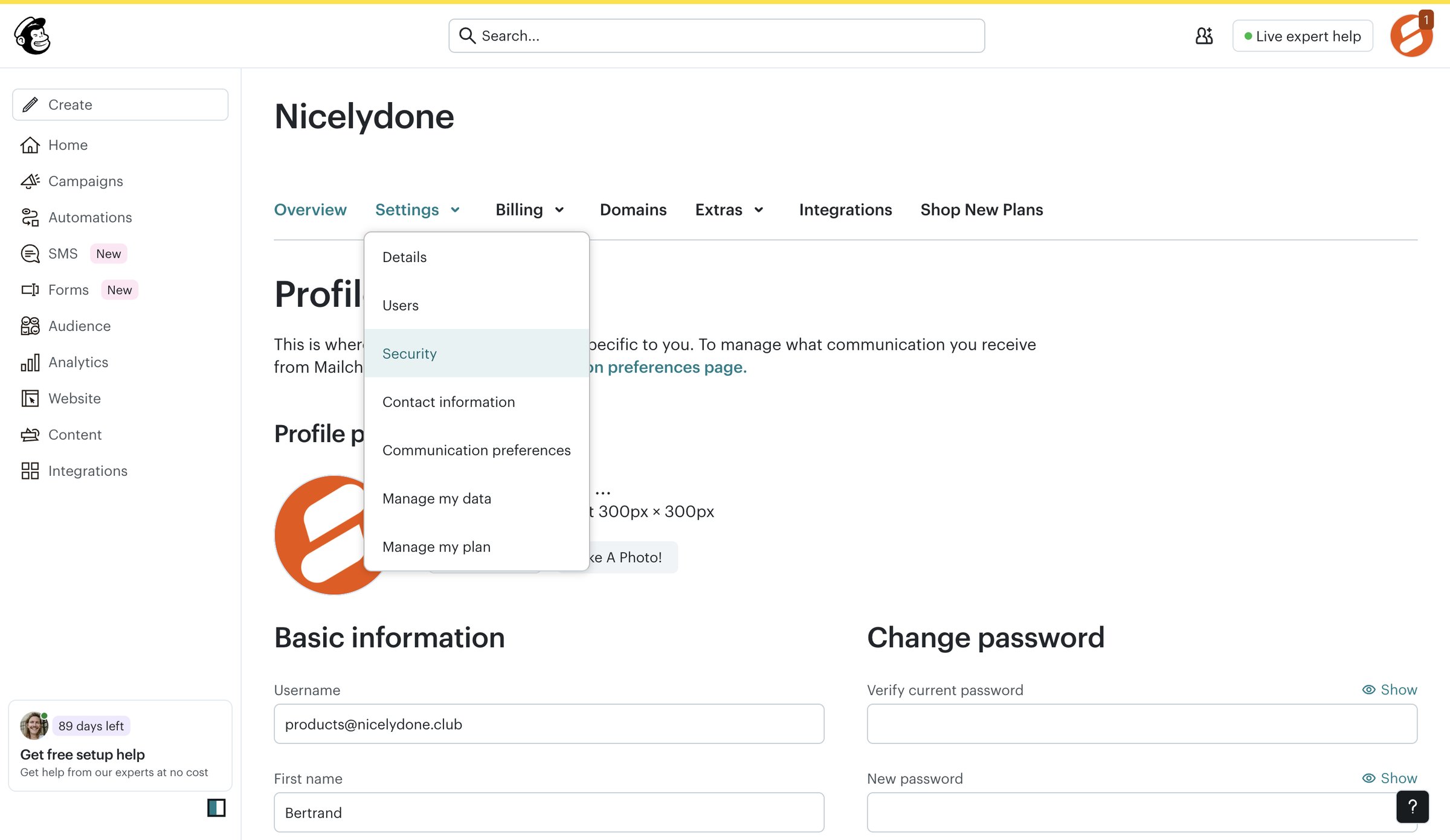 Mailchimp - Profile | Mailchimp screen