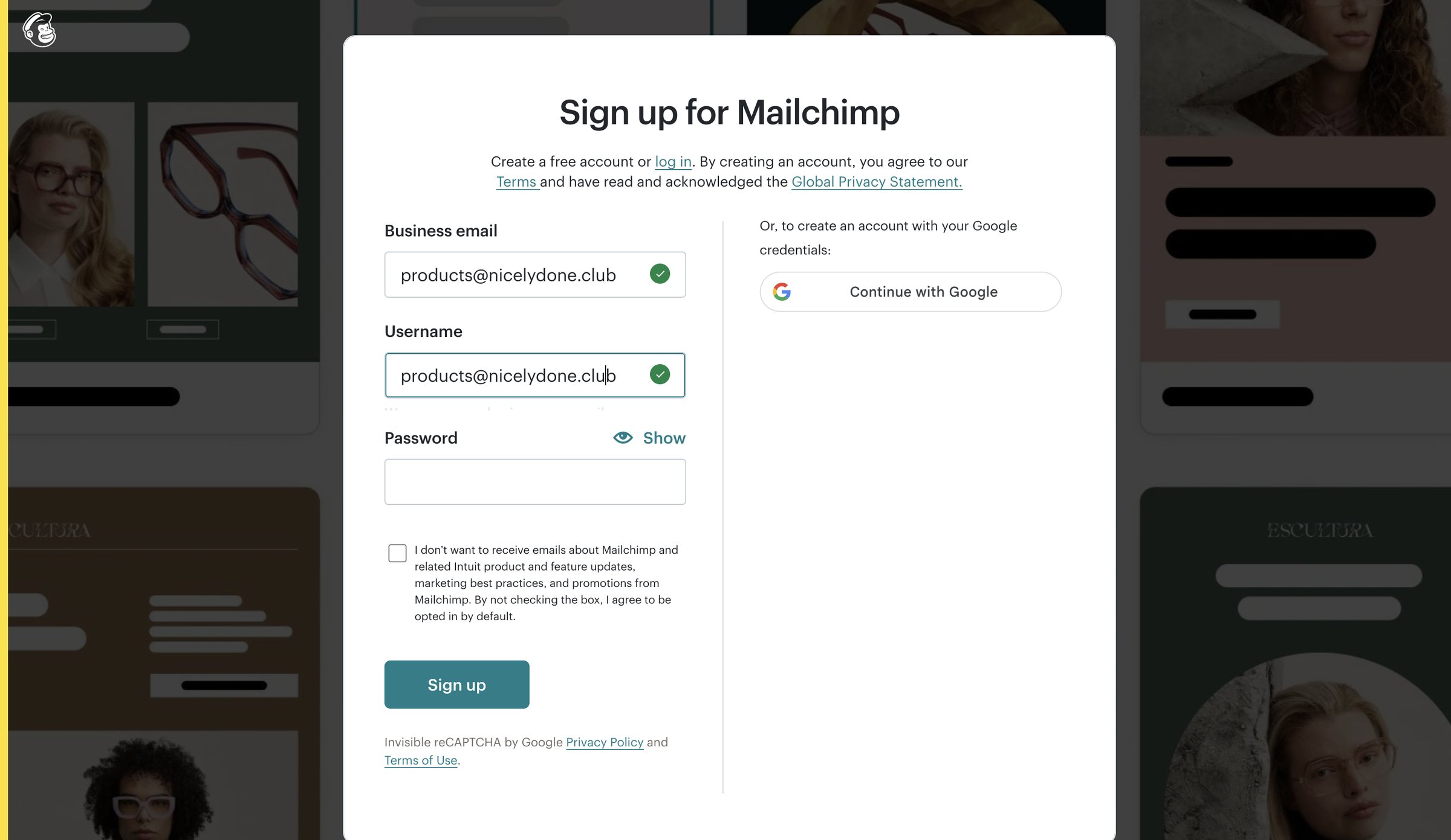 Mailchimp - Sign Up for Mailchimp screen