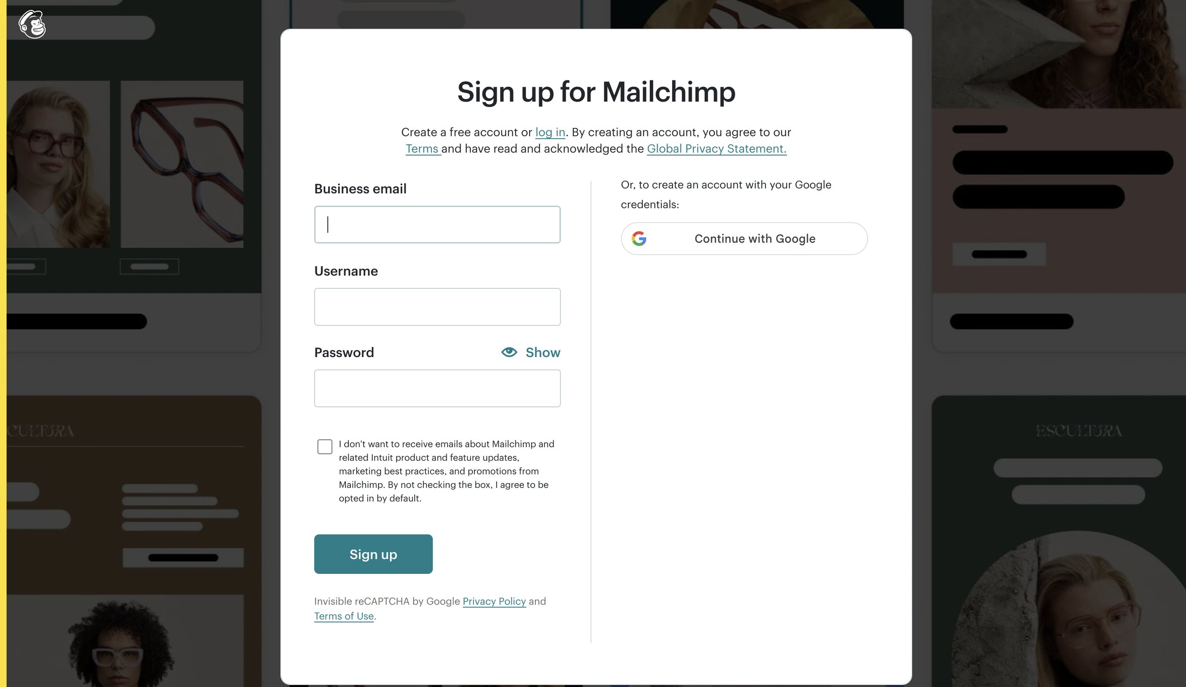 Mailchimp - Sign Up for Mailchimp screen