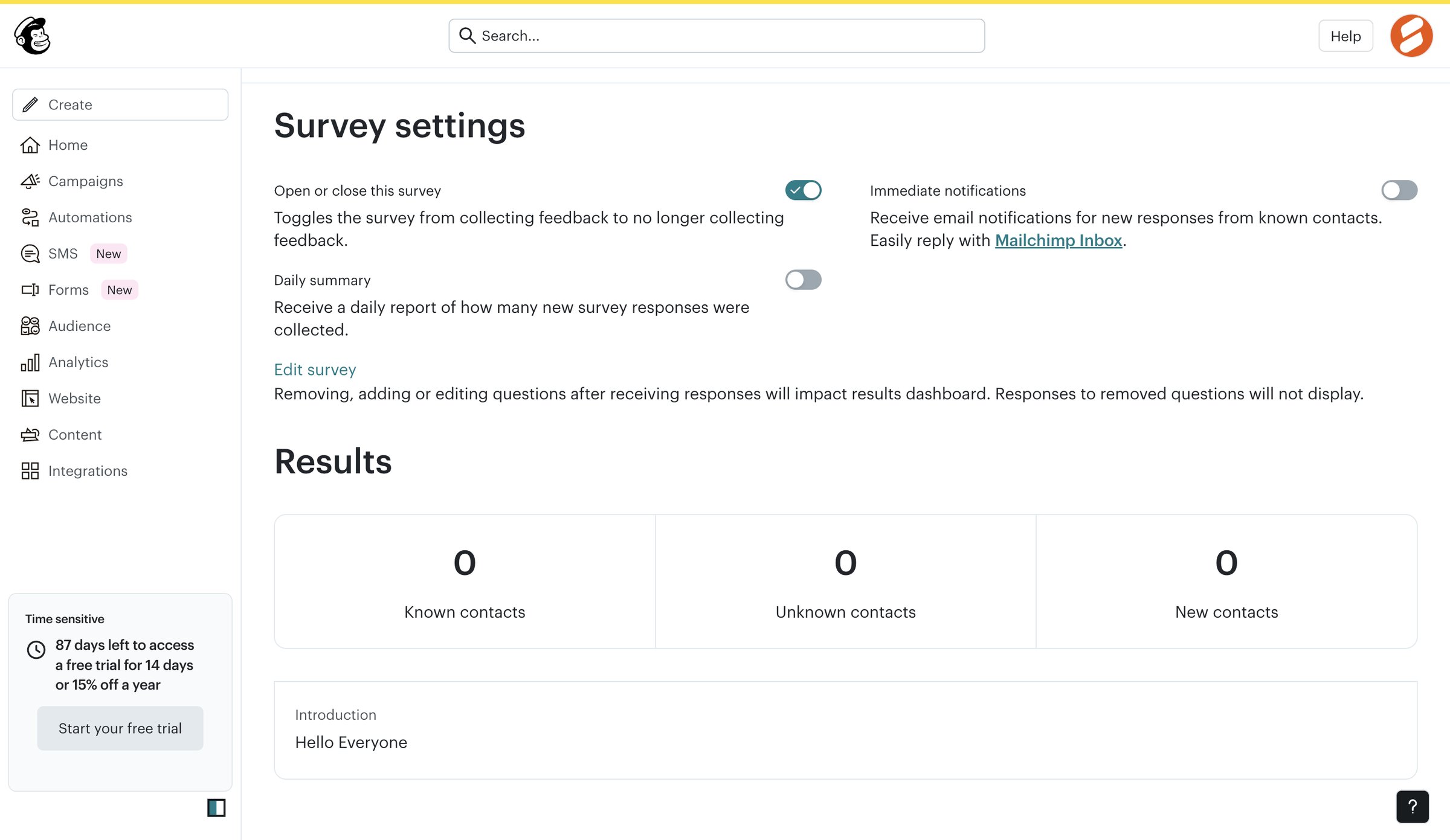 Mailchimp - Survey details | Mailchimp screen