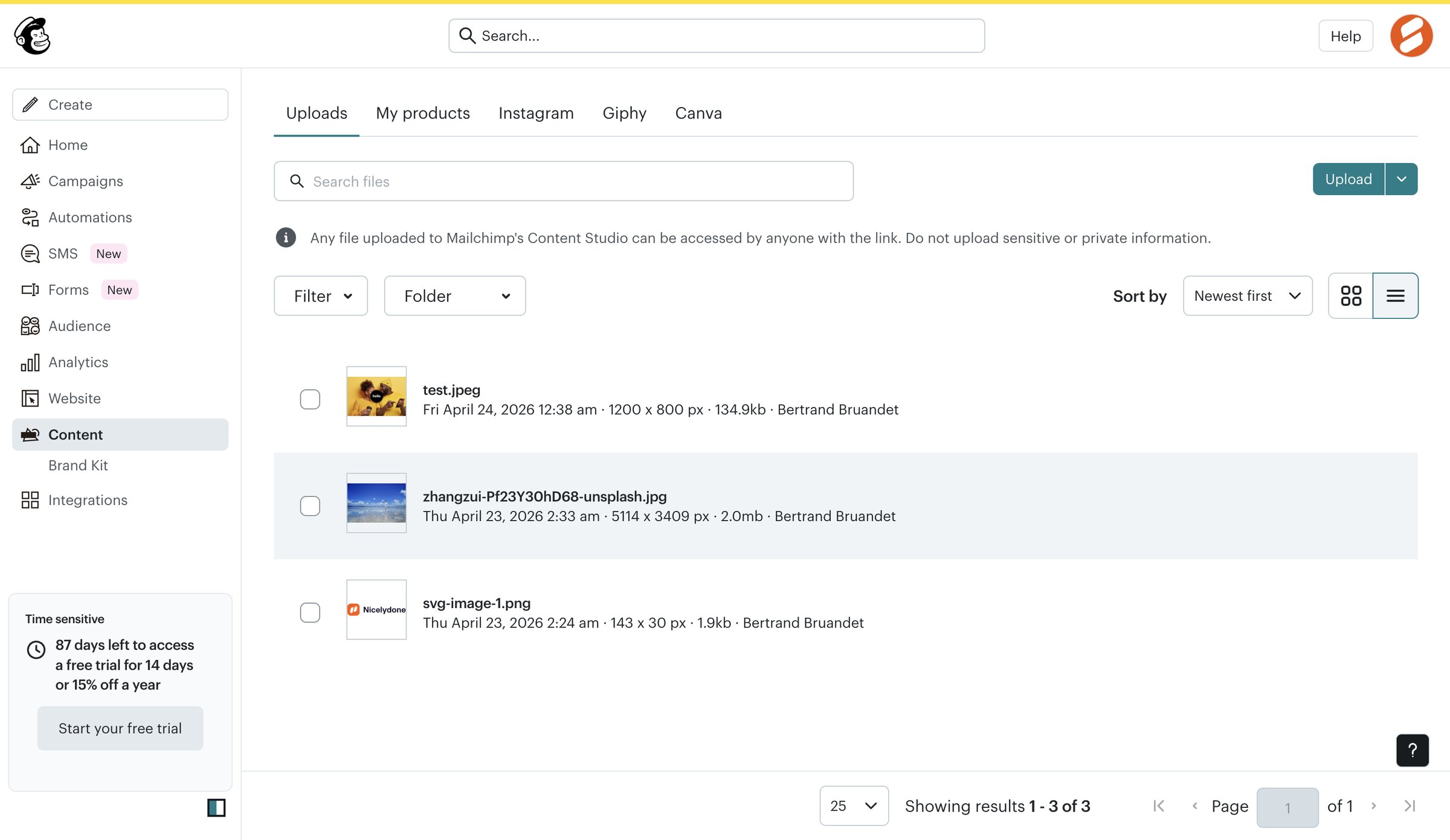 Mailchimp - Content Studio | Mailchimp screen