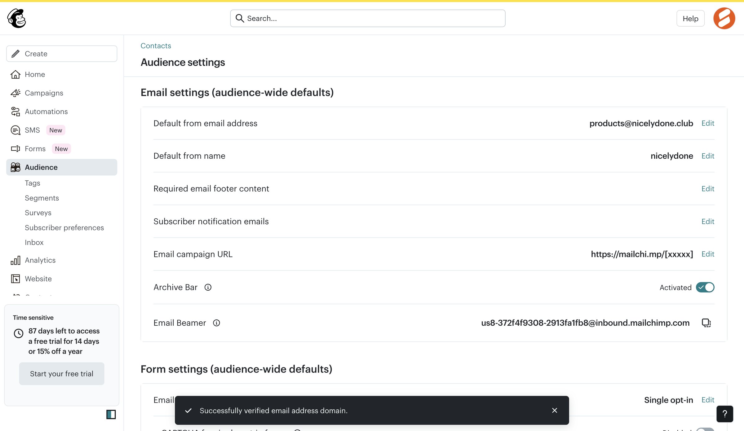 Mailchimp - Audience settings | Mailchimp screen
