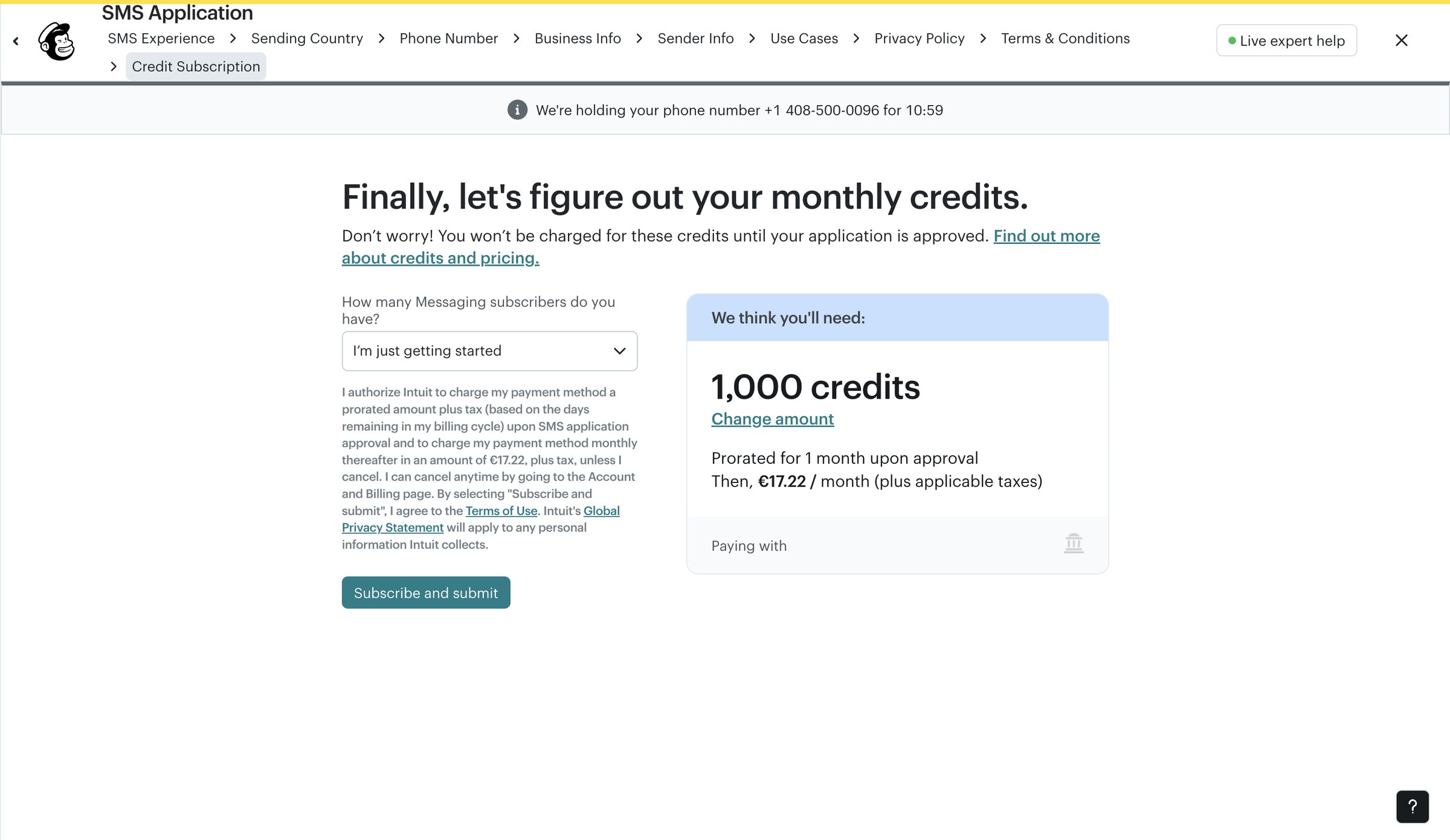 Mailchimp - Finally, let's figure out your monthly credits. - SMS Channel Setup | Mailchimp screen