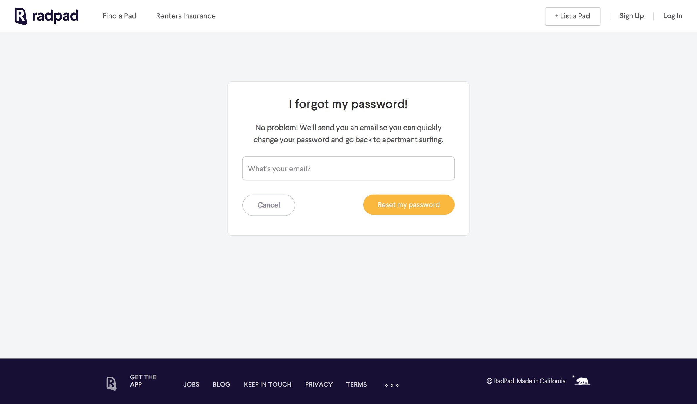 Radpad - Password reset screen