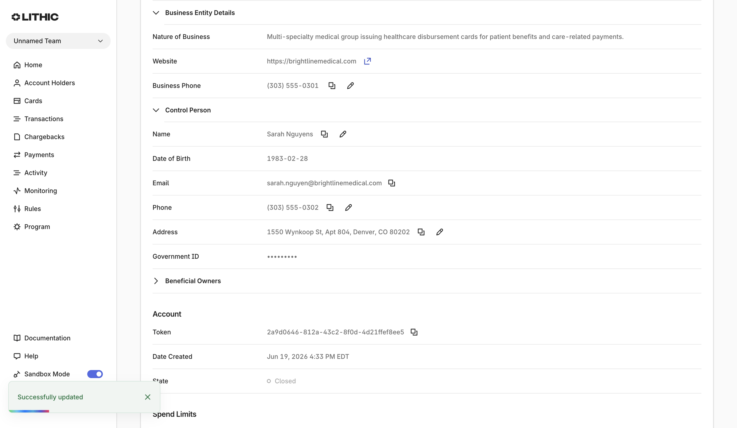 Lithic - Lithic - Account Holders screen