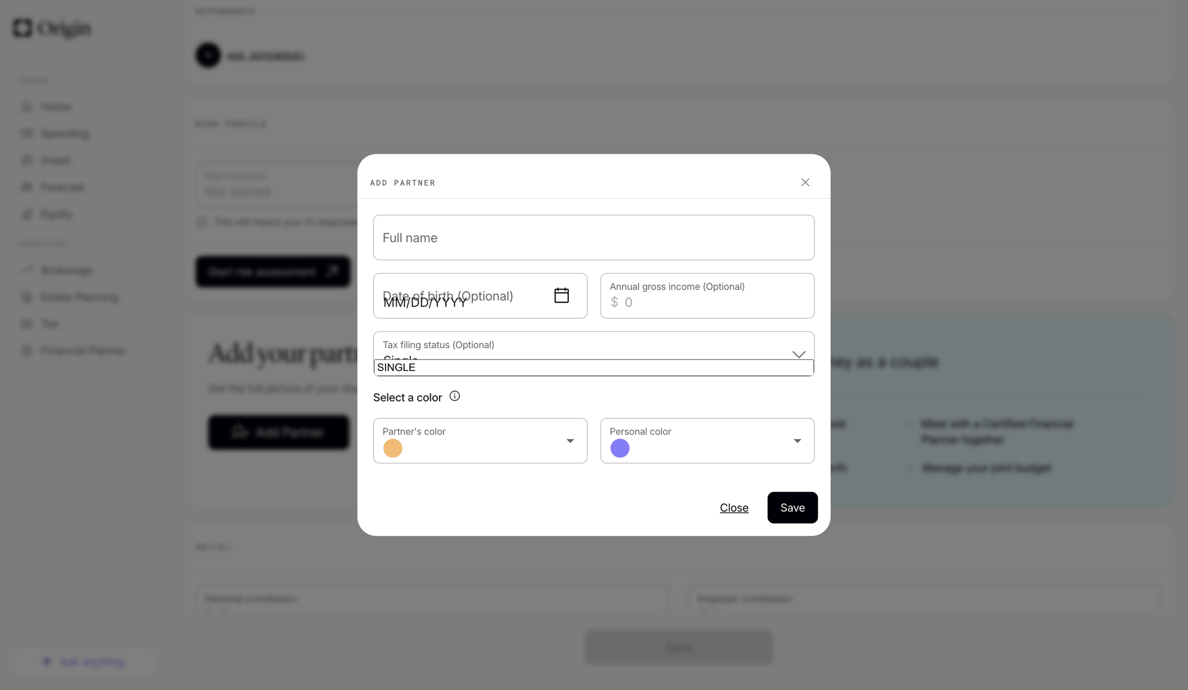 Origin Financial screen