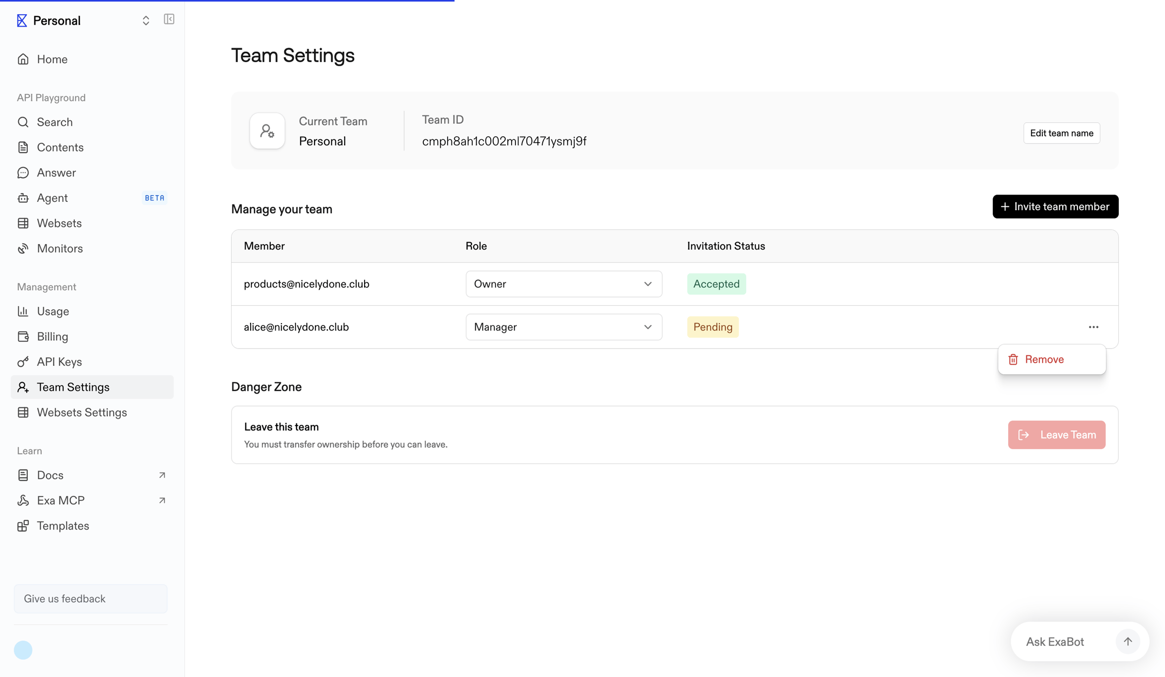 Exa - Teams | Exa API screen