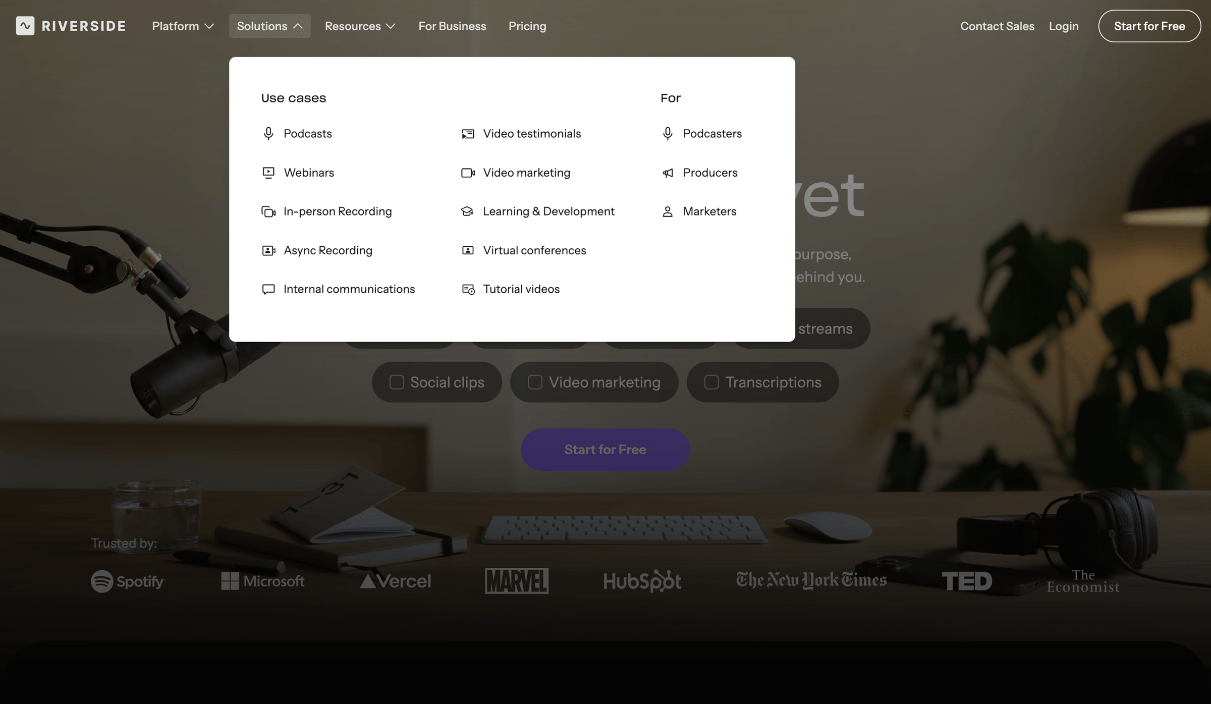 Riverside - Riverside: HD Podcast & Video Software | Free Recording & Editing - hover: Solutions screen