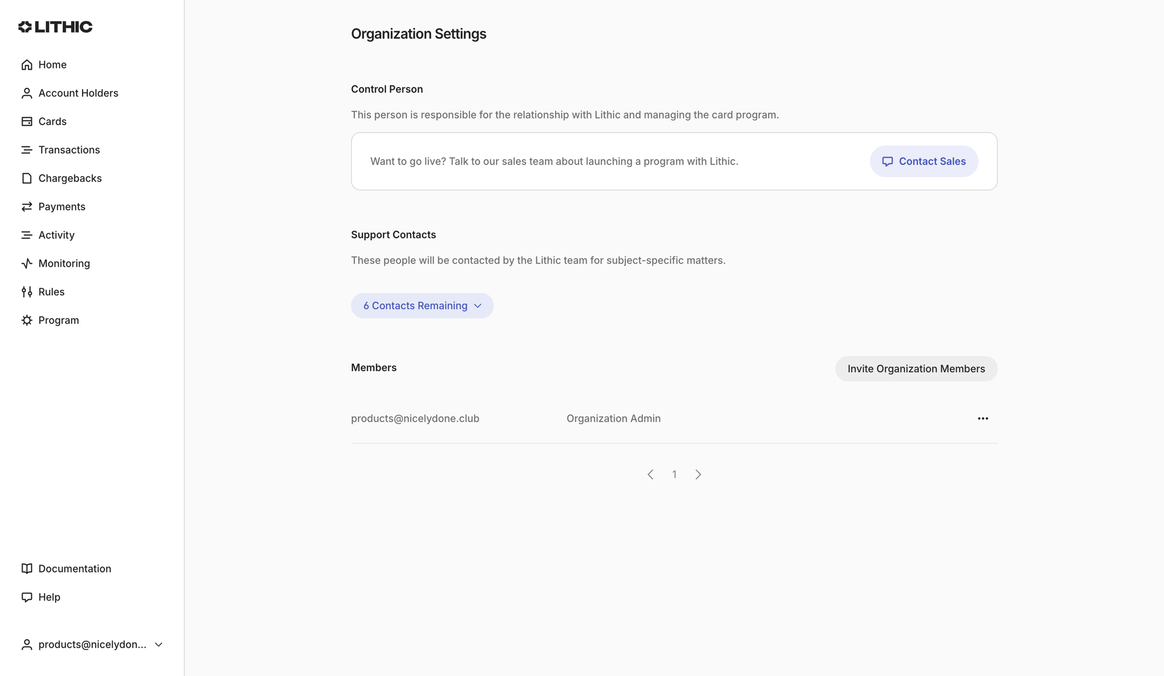 Lithic - Lithic - Organization Settings screen