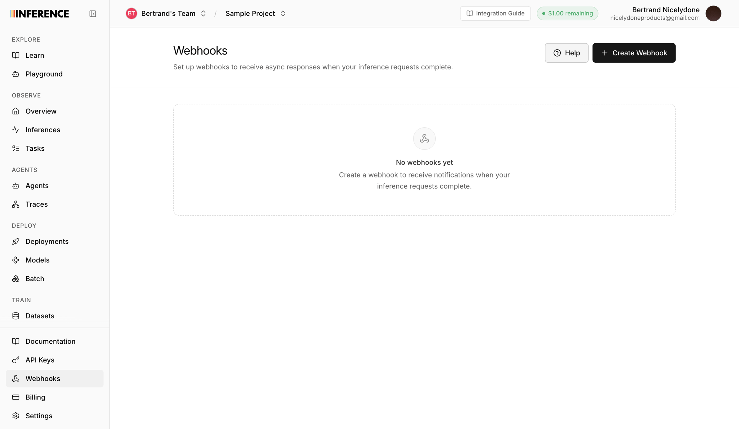 Inference - Dashboard | inference.net screen