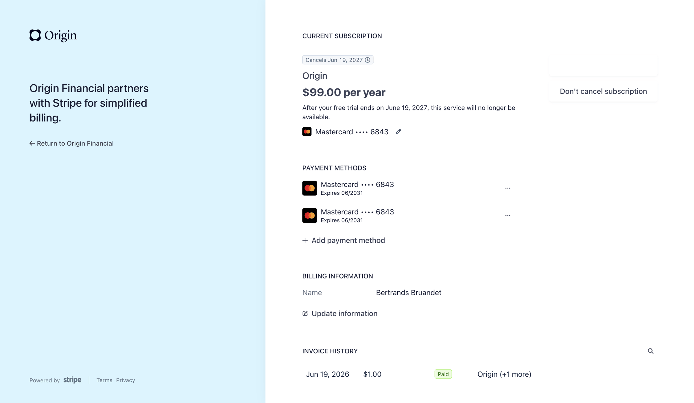Origin Financial - Origin Financial Billing screen