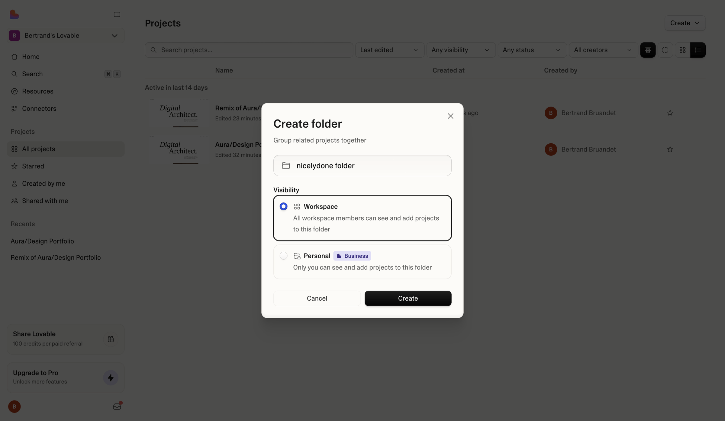 Lovable - Projects | Lovable screen