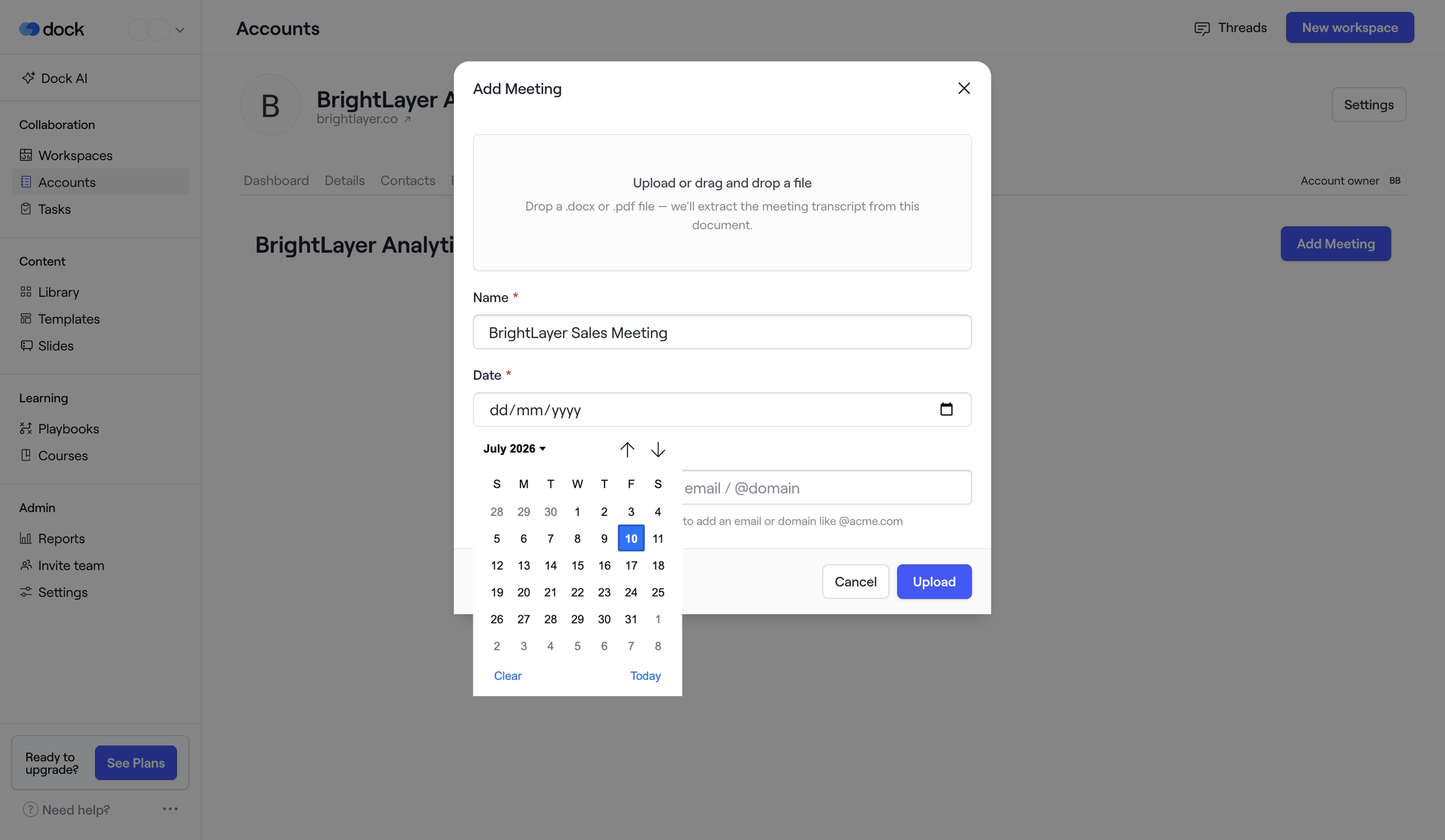 Dock - BrightLayer Analytics · Dock screen