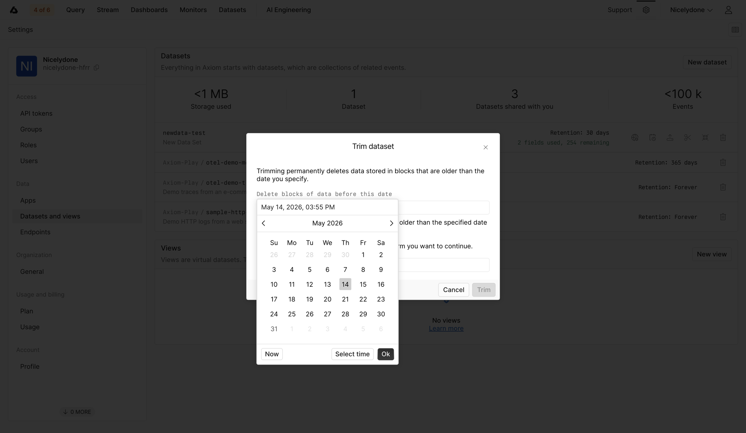 Axiom - Datasets and Views - Settings - Axiom screen