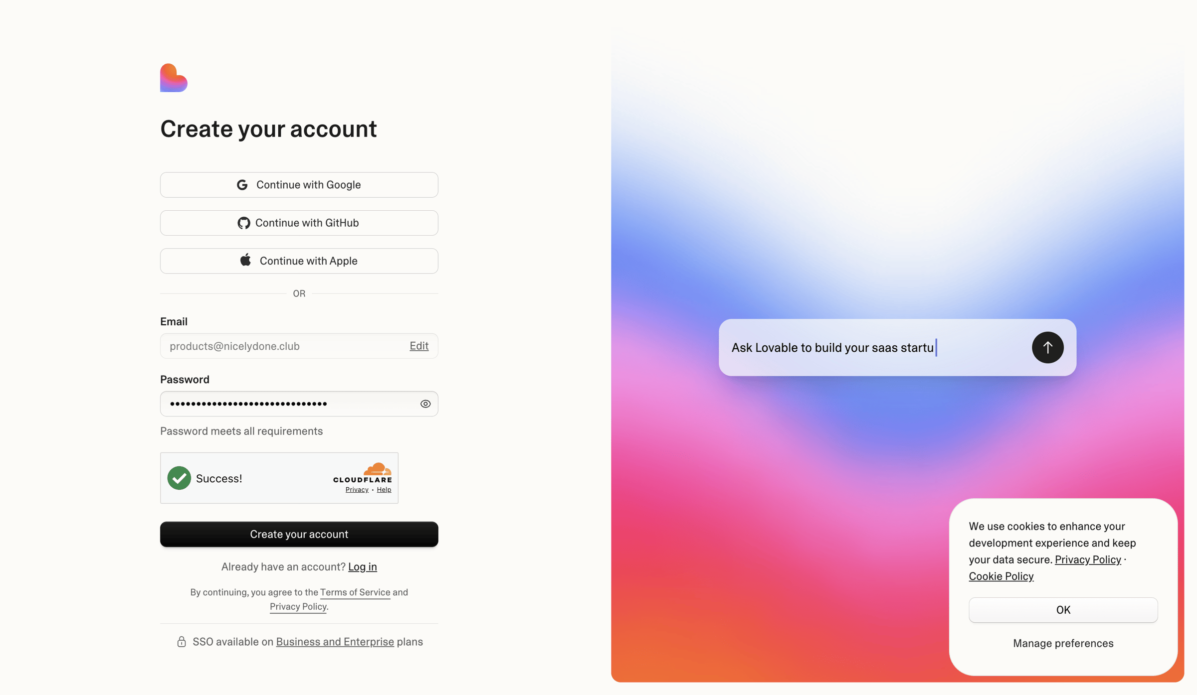 Lovable - Create account screen