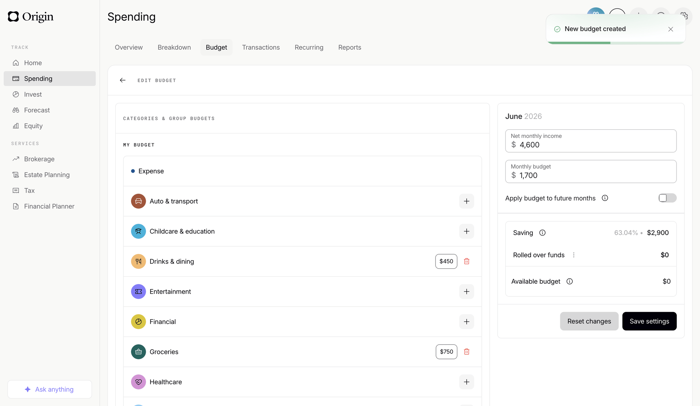 Origin Financial screen
