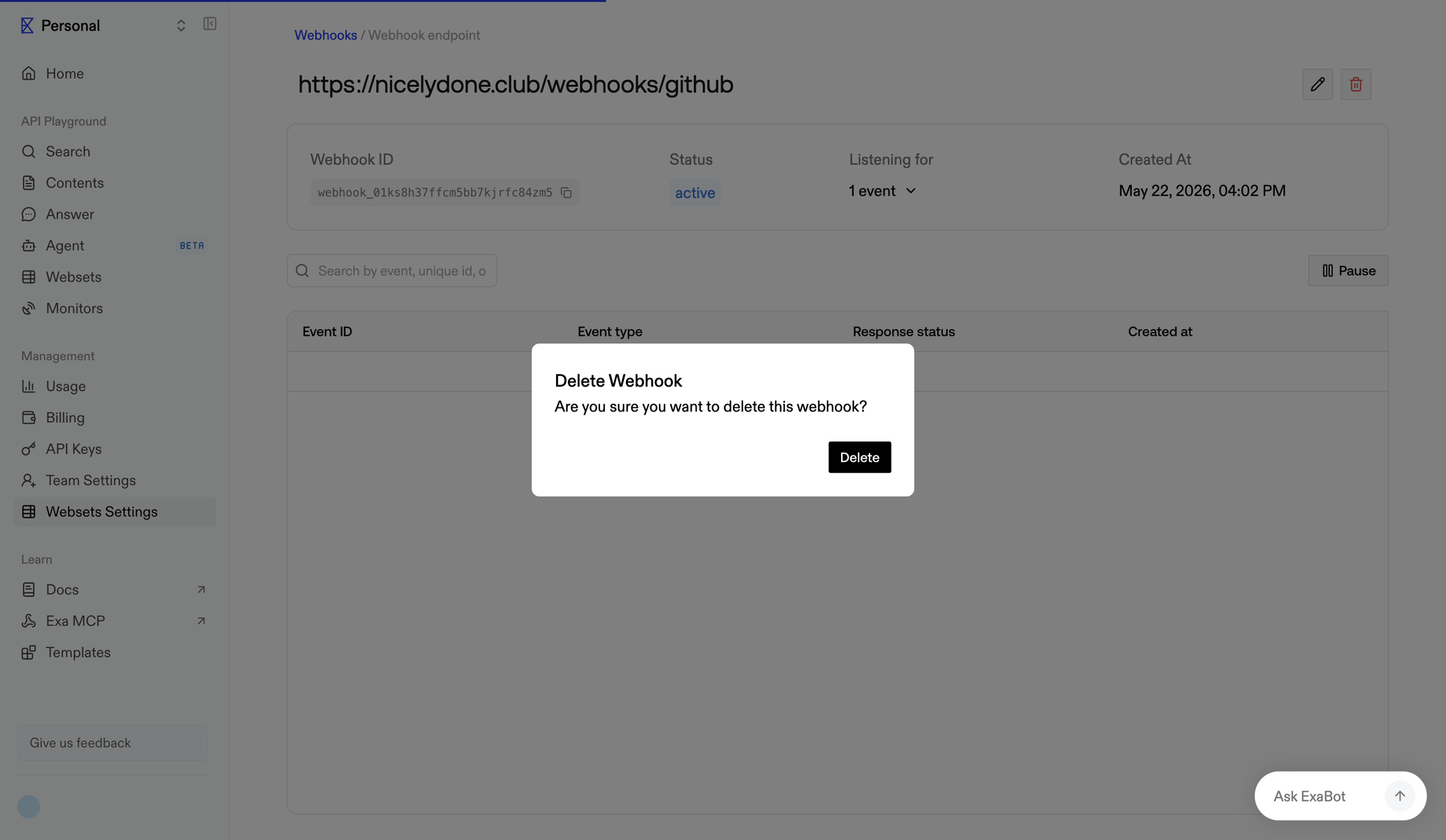 Exa - Webset Webhook Details screen