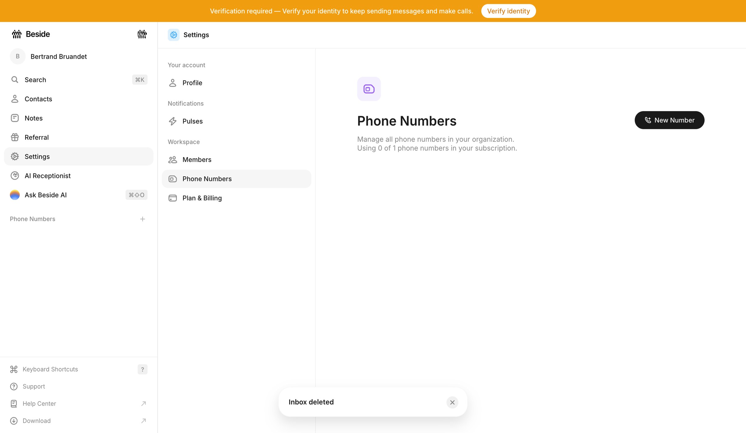 Beside - Phone Numbers - Settings - Beside screen