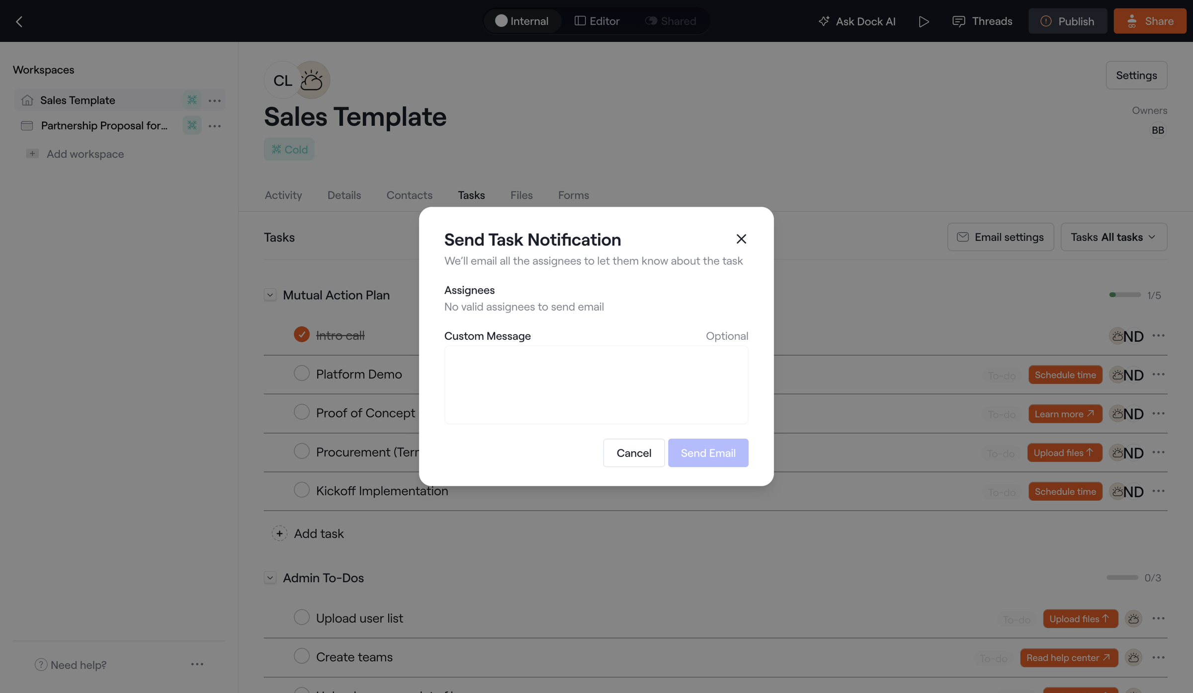 Dock - Internal · Sales Template screen