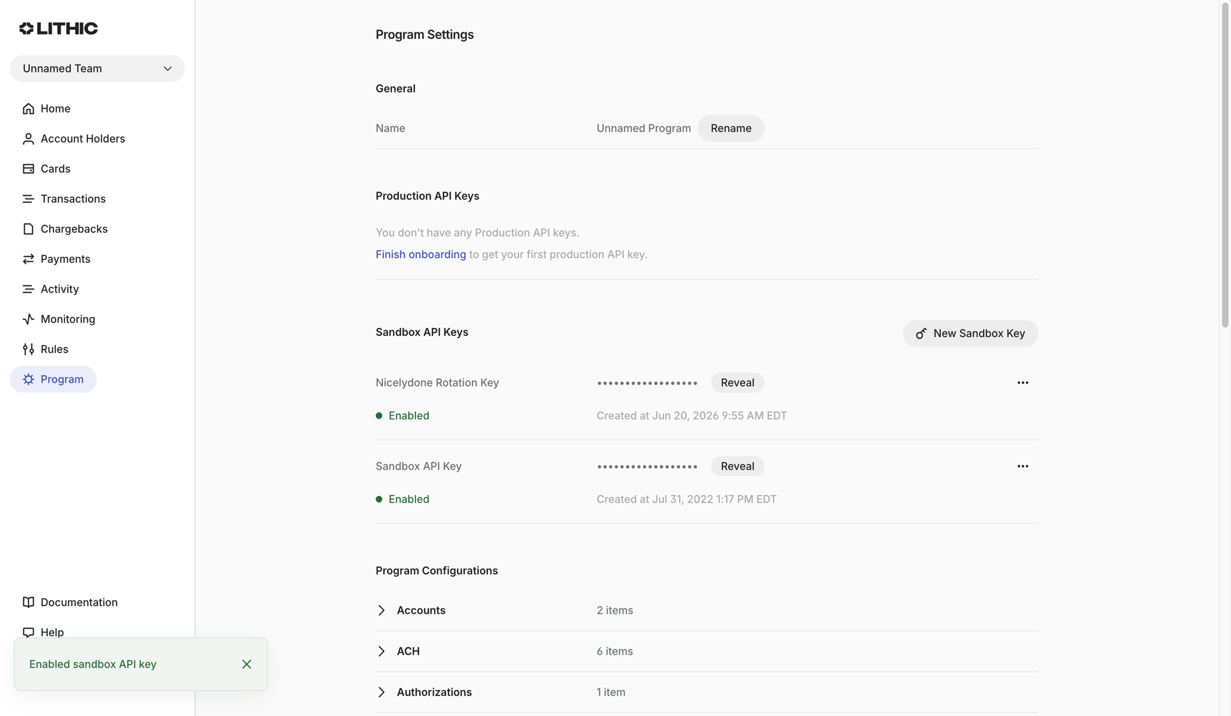 Lithic - Lithic - Program Settings screen