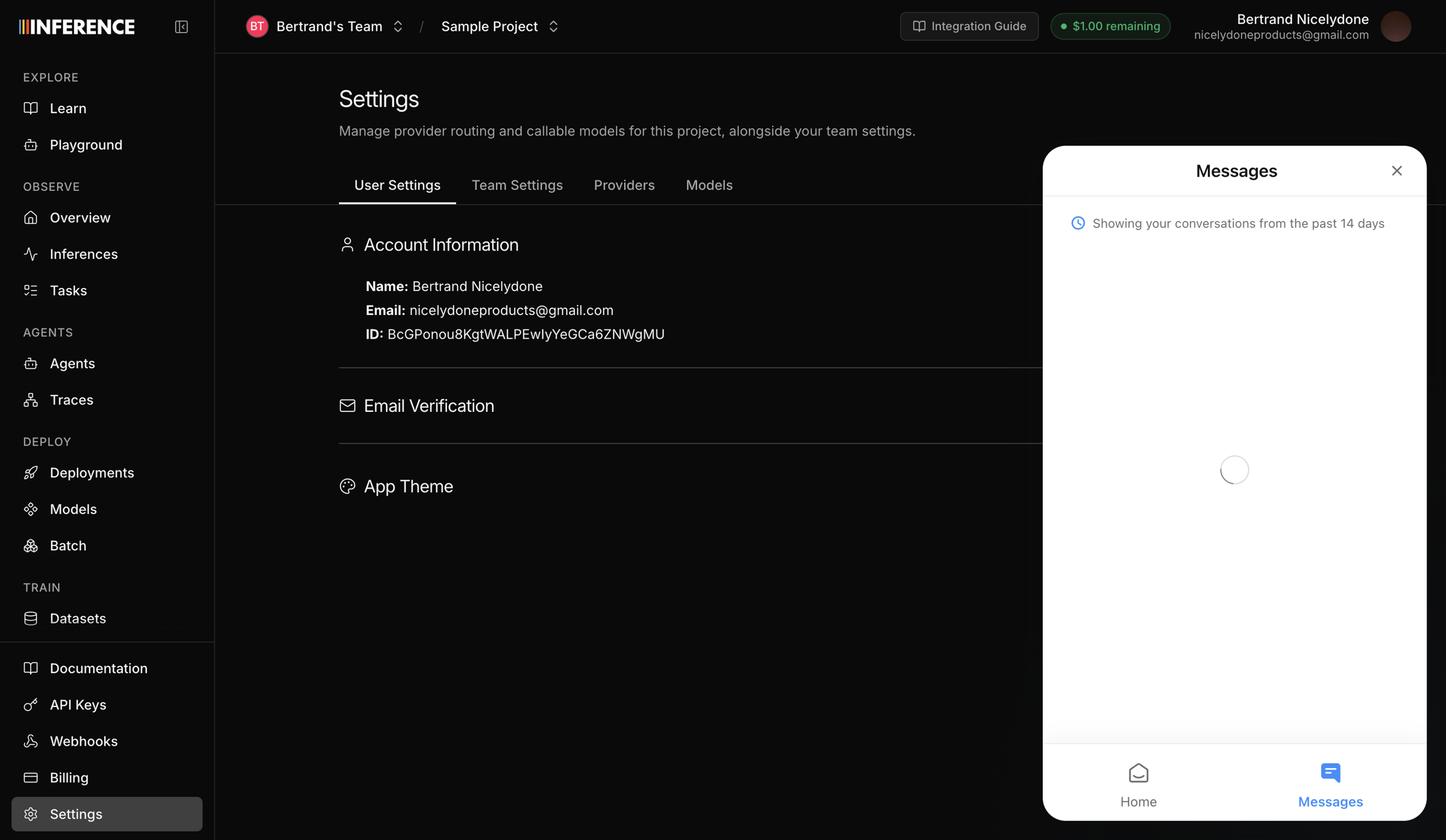 Inference - Settings | inference.net screen