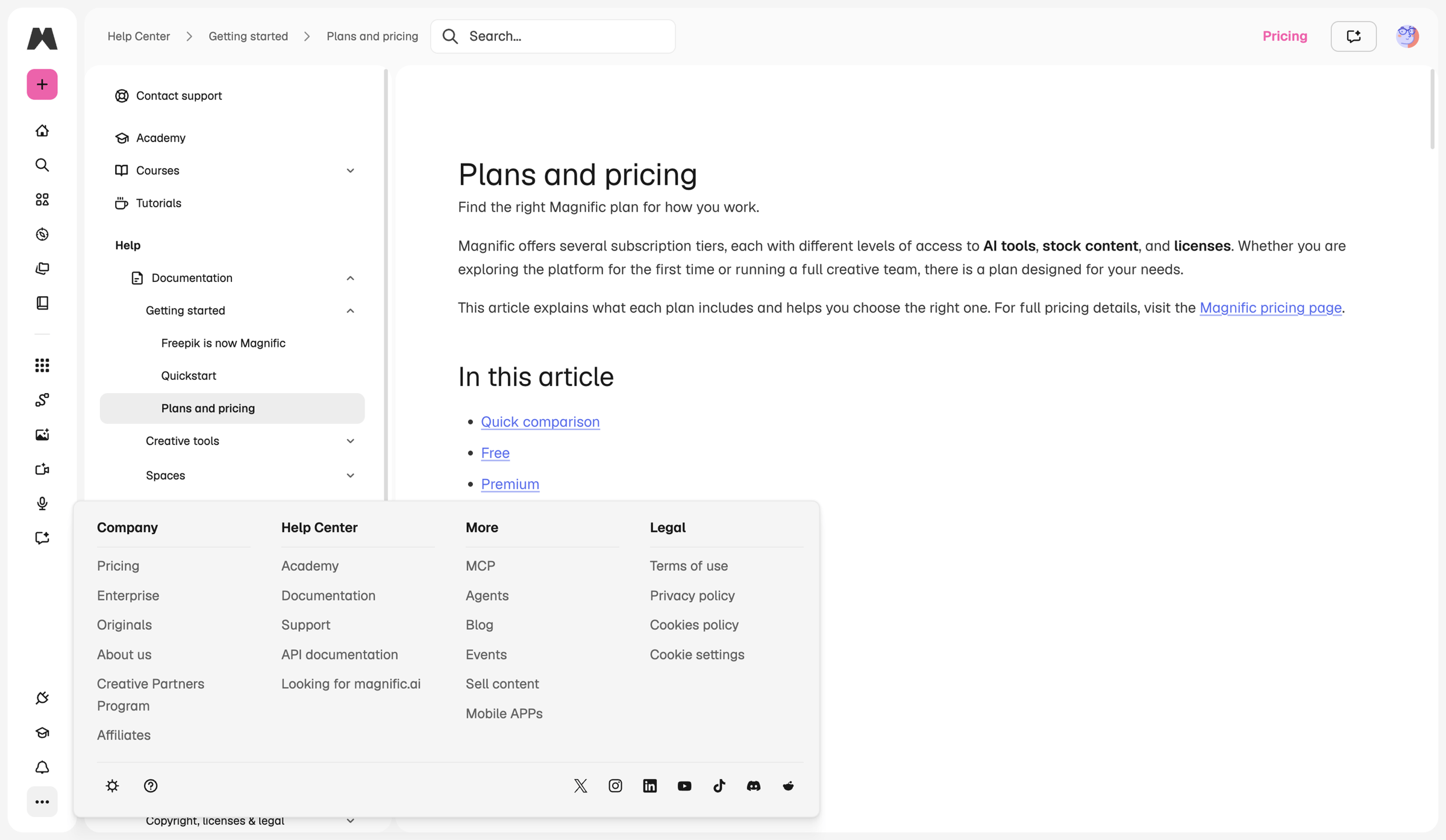 Magnific - Plans and pricing | Magnific Docs screen