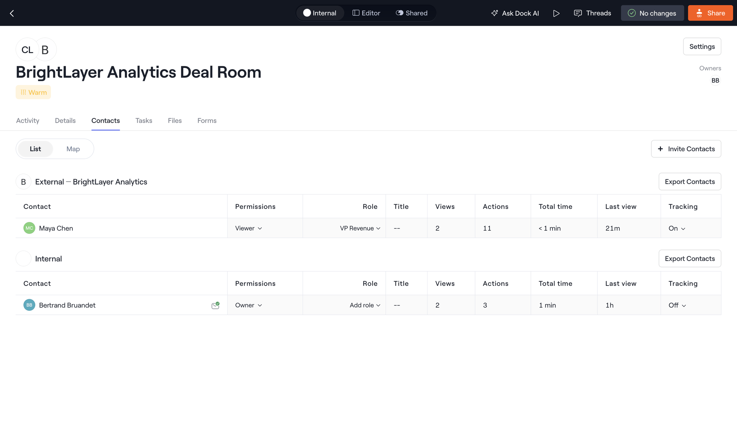 Dock - Internal · BrightLayer Analytics Deal Room screen