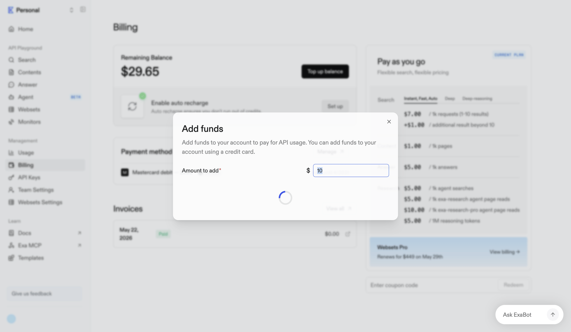 Exa - Billing | Exa API screen